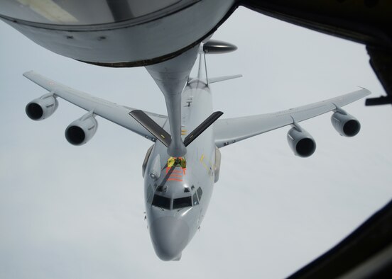 A French air force E-3 Sentry serving in a NATO capacity takes on fuel from a 100th Air Refueling Wing KC-135 Stratotanker April 10, 2014, over Eastern Europe. The E-3 took on 60,000 pounds of fuel during the sortie. (U.S. Air Force photo by Airman 1st Class Dillon Johnston/Released)