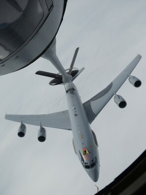 A French air force E-3 Sentry serving in a NATO capacity breaks away after taking on fuel from a 100th Air Refueling Wing KC-135 Stratotanker April 10, 2014, over Eastern Europe. The 100th ARW provides aerial refueling to allied aircraft in Europe and Africa. (U.S. Air Force photo by Airman 1st Class Dillon Johnston/Released)