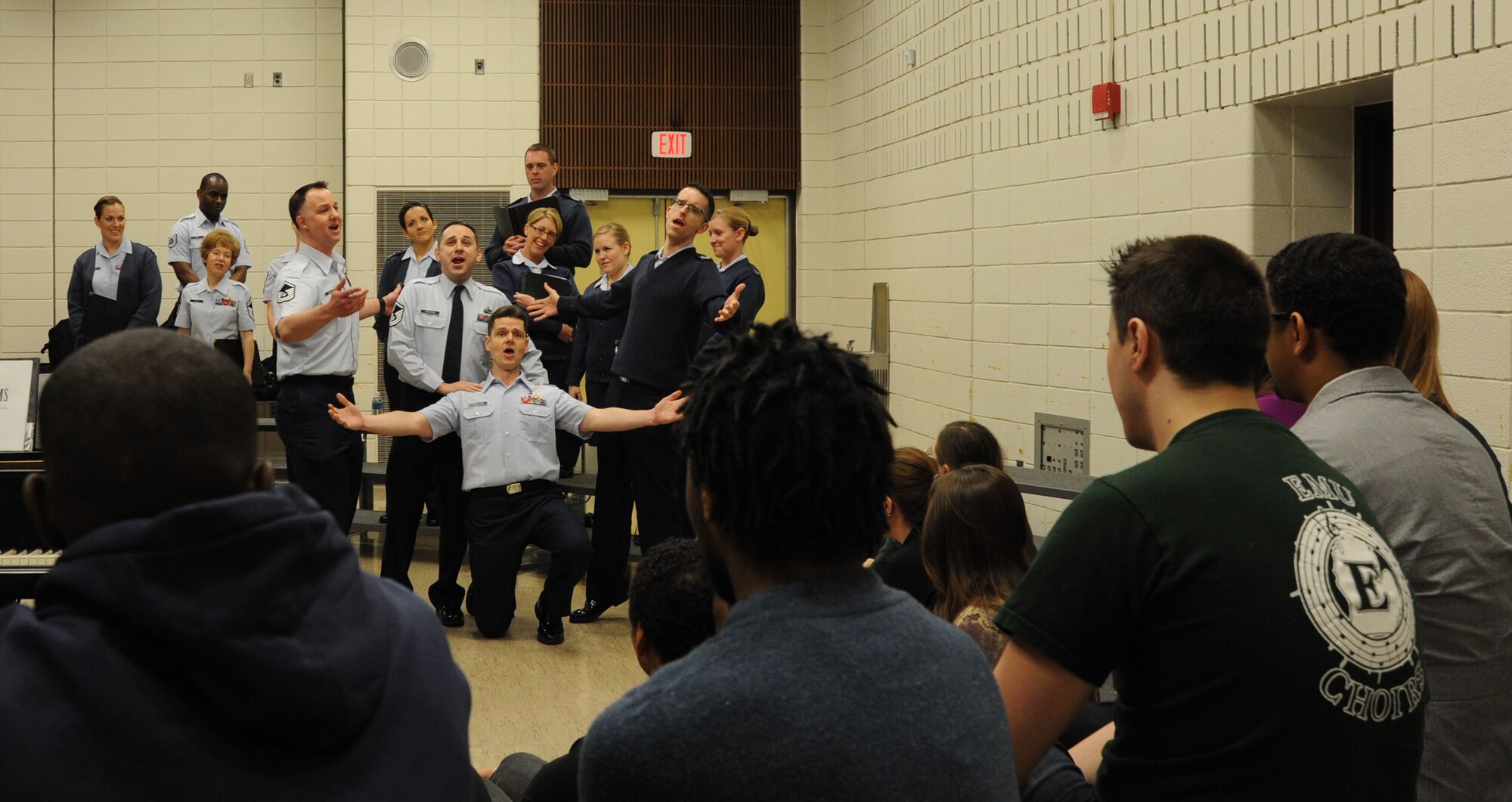 Airmen with The U.S. Air Force Band’s Singing Sergeants preform “Coney Island” for a group of music students during an Advancing Innovation Through Music Chamber Ensemble Recital event at Eastern Michigan University in Ypsilanti, Mich., April 9, 2014. Airmen from the Band are active in schools near their home duty station, Joint Base Anacostia-Bolling in Washington, D.C., and they extended their AIM efforts while on tour of the Midwest. (U.S. Air Force photo/Master Sgt. Tammie Moore)