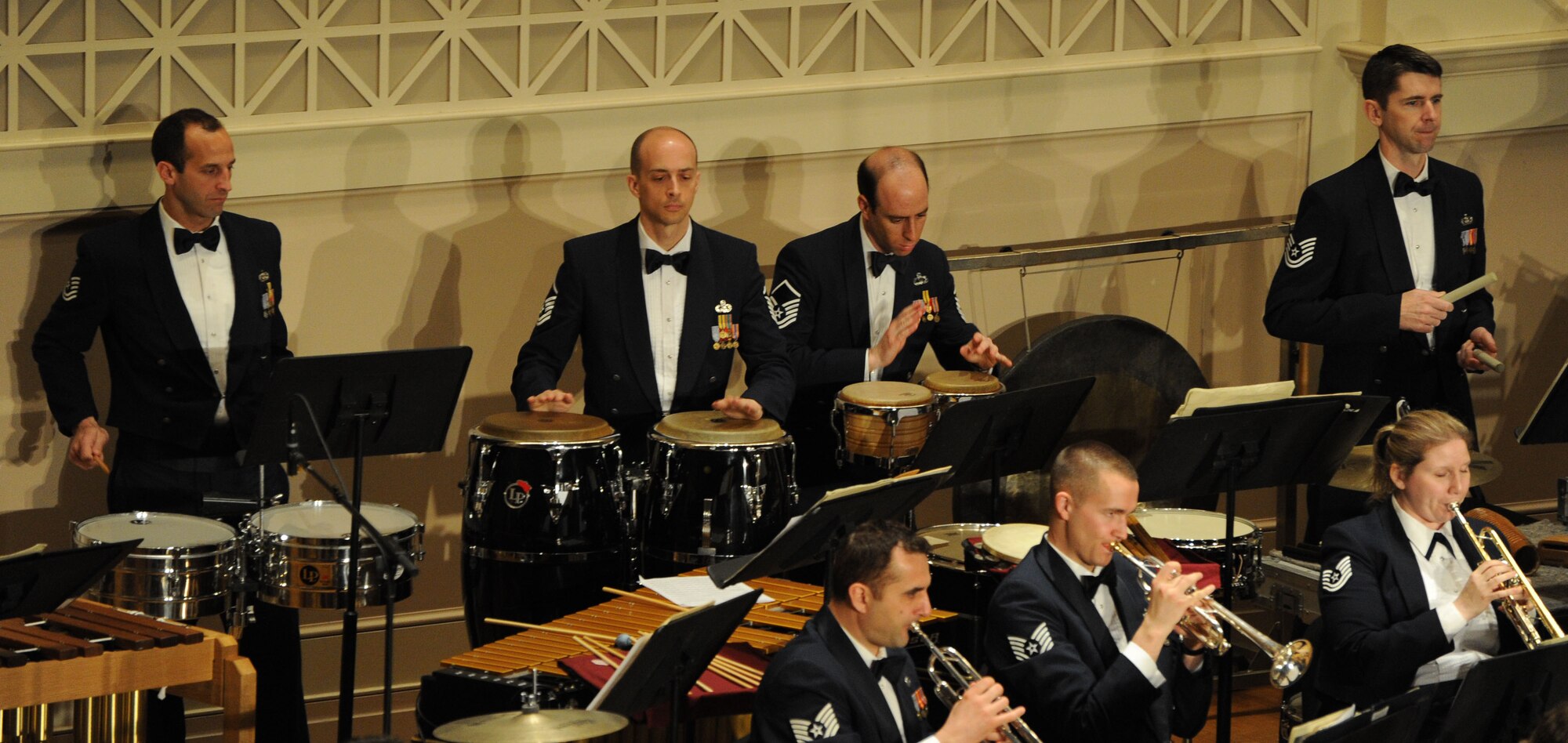 Airmen in The U.S. Air Force Band perform during a show at Eastern Michigan University in Ypsilanti Mich., April 9, 2014. The bandsmen are showcasing their musical talents on their 2014 Spring Tour across the Midwest. (U.S. Air Force photo/Master Sgt. Tammie Moore)