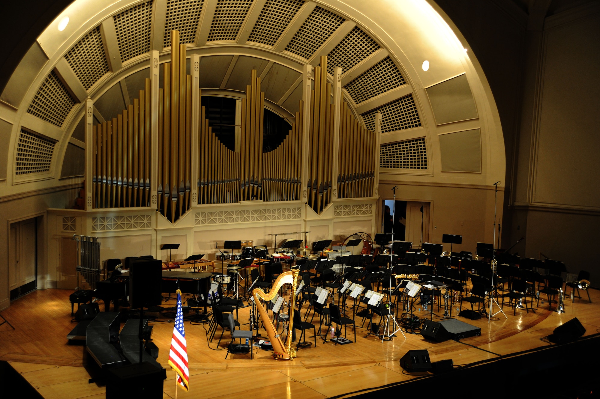 The Pease Auditorium stands ready for a performance by The U.S. Air Force Band at Eastern Michigan University in Ypsilanti Mich., April 9, 2014. Pease Auditorium is a classic concert hall on the campus of EMU. The show featured the Band’s two touring ensembles, the Singing Sergeants the Concert Band, along with EMU students and the university’s director of bands. (U.S. Air Force photo/Master Sgt. Tammie Moore)