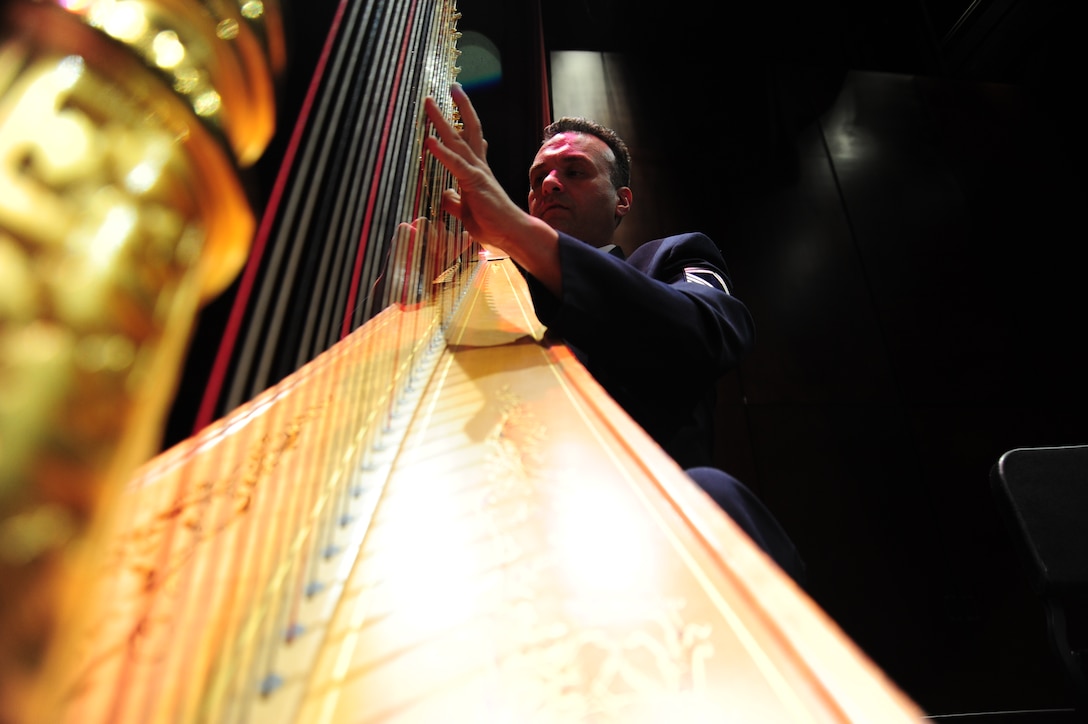 Senior Master Sgt. Eric Sabatino, U. S. Air Force Band’s harp soloist, performs at Monroe County Community College in Monroe, Mich., during the Band’s 2014 Spring Tour, April 8, 2014. Sabatino joined the Air Force in 1994 and is a member of the Band’s Concert Band and Symphony Orchestra. (U. S. Air Force photo/Airman 1st Class Joshua R. M. Dewberry) 