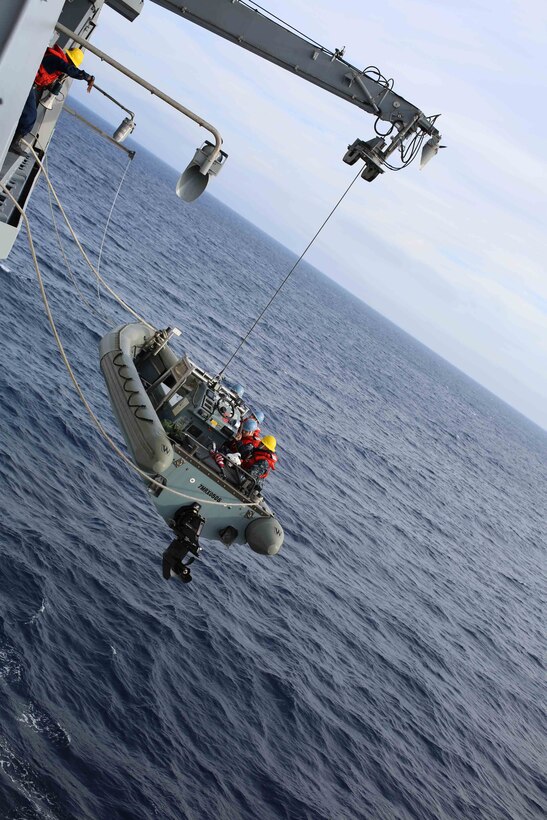 Sailors aboard the USS San Diego execute a visit, board, search, and seizure (VBSS) training mission during Amphibious Squadron Marine Expeditionary Unit Integration Training (PMINT), April 9, 2014. PMINT is the preliminary exercise during which the 11th MEU and Amphibious Squadron 5 conduct sea-based operations in the southern California region. (U.S. Marine Corps photo by Cpl. Jonathan R. Waldman/RELEASED)