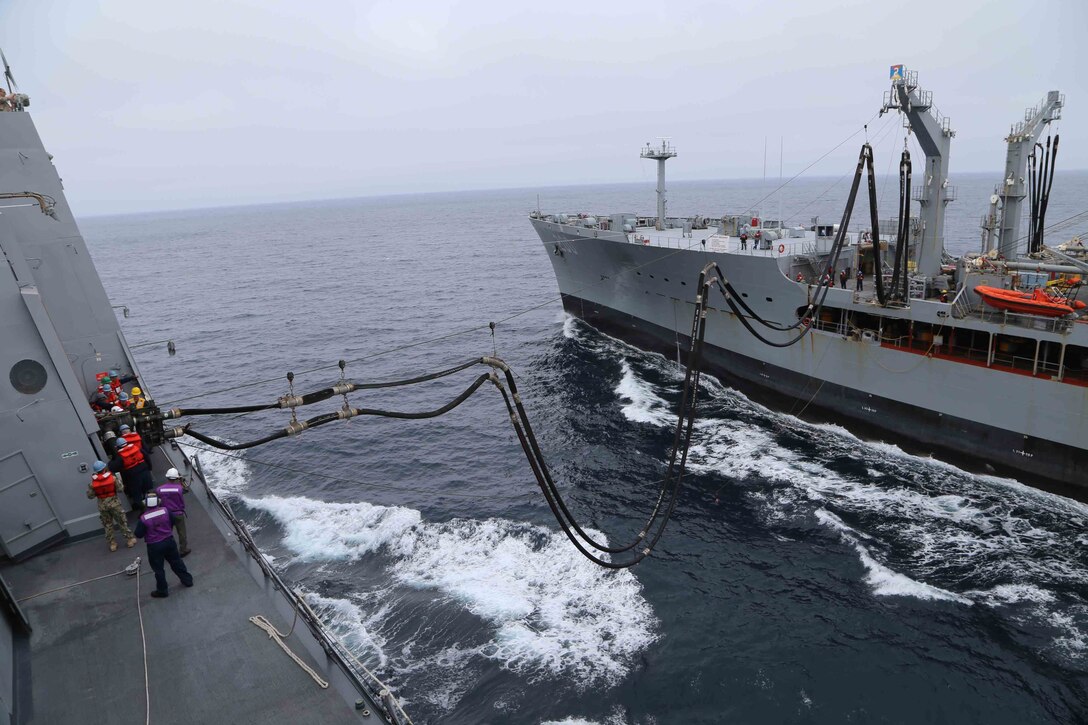 The USS Guadalupe refuels the USS San Diego as part of an underway replenishment during Amphibious Squadron Marine Expeditionary Unit Intergration Training (PMINT) off the coast of San Diego, April 10, 2014. PMINT is conducted by the 11th MEU and the Makin Island Amphibious Ready Group and is the first opportunity for the MEU/ARG team to exercise its planning processes and execute live operations at sea.
(U.S. Marine Corps photo by Cpl. Demetrius Morgan/RELEASED)