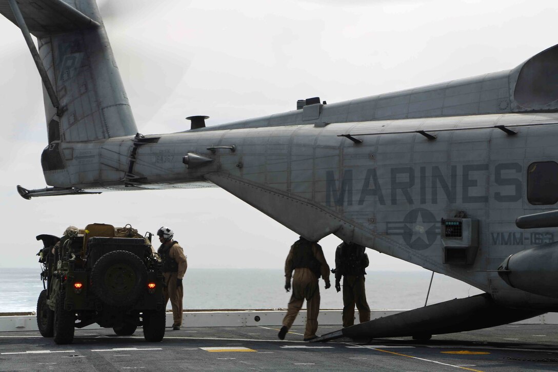 A Marine with the 1st Air Naval Gunfire Liaison Company, 11th Marine Expeditionary Unit, loads an Internally Transportable Vehicle into the fuselage of a CH-53E Super Stallion during Amphibious Squadron Marine Expeditionary Unit Integration Training (PMINT) off the coast of San Diego, April 10, 2014. PMINT is conducted by the 11th MEU and the Makin Island Amphibious Ready Group and is the first opportunity for the MEU/ARG team to exercise its planning processes and execute live operations at sea. (Photo by: U.S. Marine Corps Cpl. Jonathan R. Waldman, 11th Marine Expeditionary Unit Combat Camera/Released)
