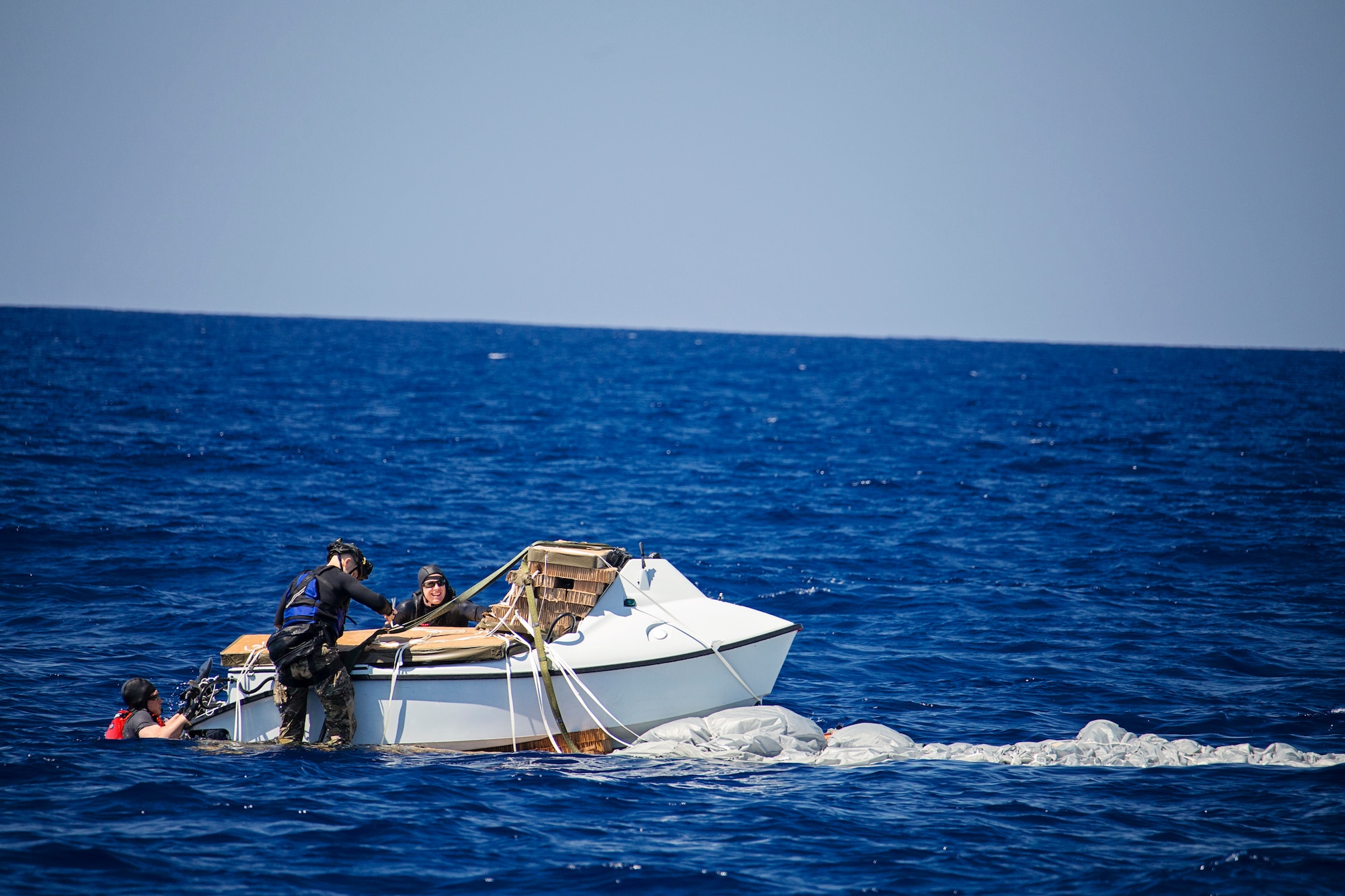 Training exercises included search and rescue operations performed at sea during the day, and additional SAR training after dark with night-vision equipment. For one of the scenarios, "survivors" were pre-placed about five miles off of the coast of Oahu, with 212th RQS Guardian Angel pararescuemen in place on a water craft, and additional PJs in the 210th RQS HH-60 Pave Hawk helicopter to practice exiting the helo, rescuing survivors, and being hoisted back onto the aircraft.