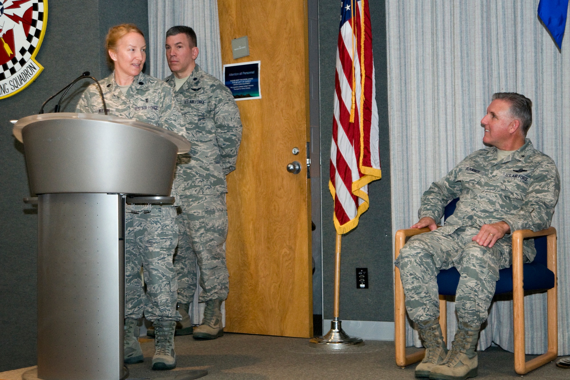 Lt. Col. Therese Kern, 434th Aerospace Medicine Squadron commander, comments to Brig. Gen. John. C. Flournoy Jr., 4th Air Force commander, shortly after taking command of the medical unit at Grissom Air Reserve Base, Ind., April 13, 2014. Flournoy officiated the ceremony in Gus Grissom Hall. (U.S. Air Force photo/Staff Sgt. Andrew McLaughlin) 
