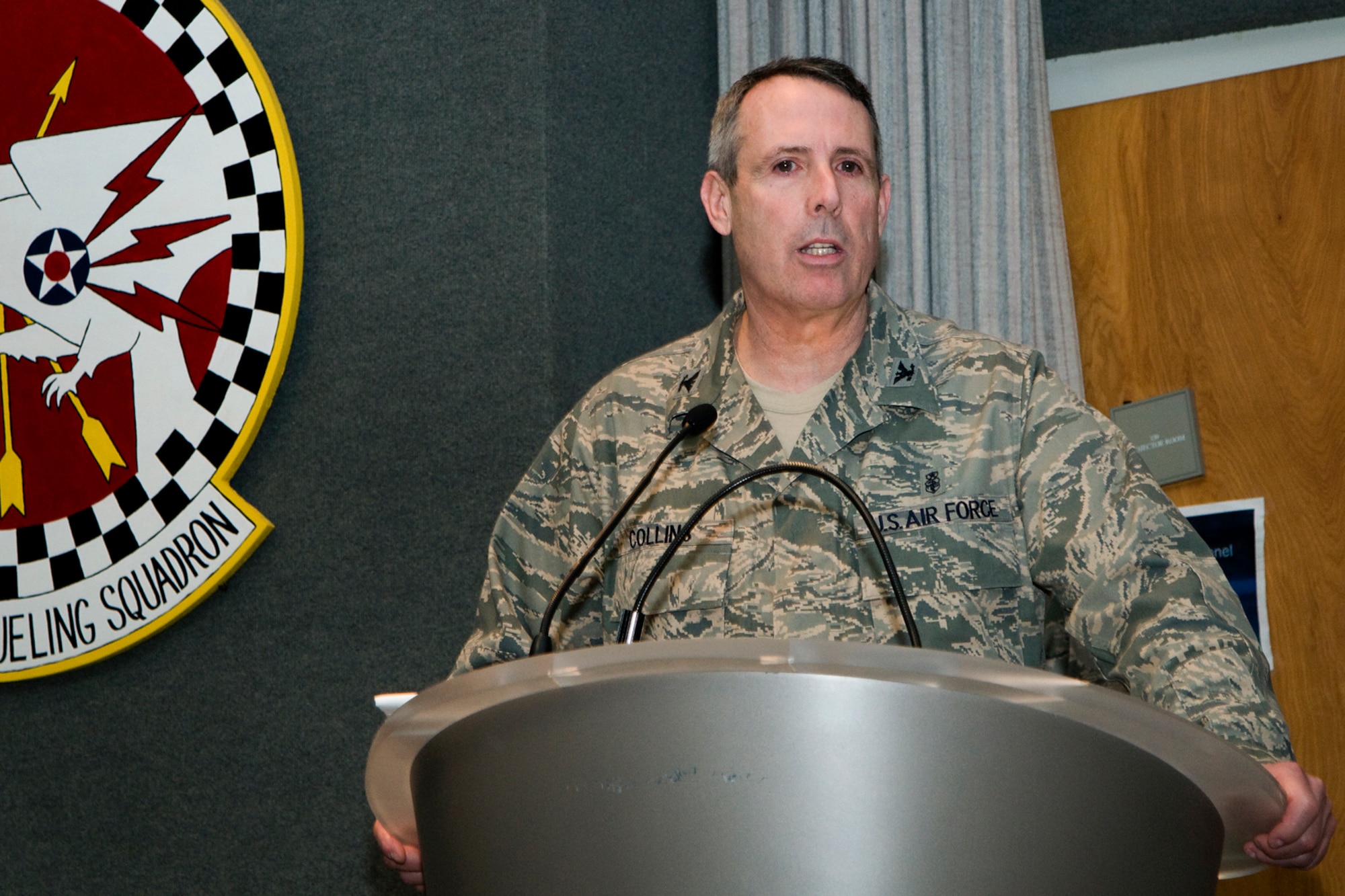 Col. Thomas Collins reflects back on his time as the 434th Aerospace Medicine Squadron commander shortly after relinquishing command at Grissom Air Reserve Base, Ind., April 13, 2014. Collins served nearly three years as the 434th AMDS commander. (U.S. Air Force photo/Staff Sgt. Andrew McLaughlin) 
