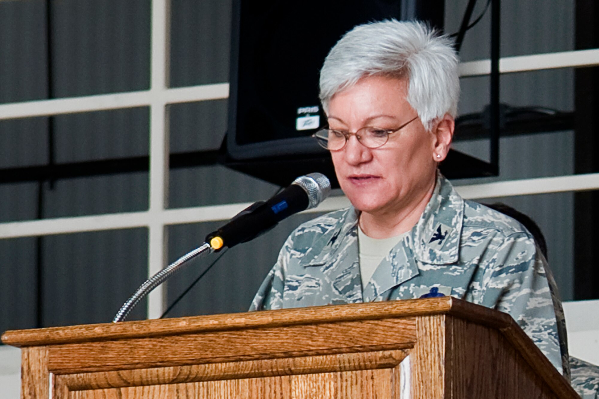 Col. Anna Schulte, 434th Maintenance Group commander, addresses her Airmen shortly after taking command of the 434th MXG at Grissom Air Reserve Base, Ind., April 12, 2014. Schulte said it was an honor to command Grissom's maintainers and that her goal was to make sure they had what they needed to do their jobs. (U.S. Air Force photo/Staff Sgt. Andrew McLaughlin) 
