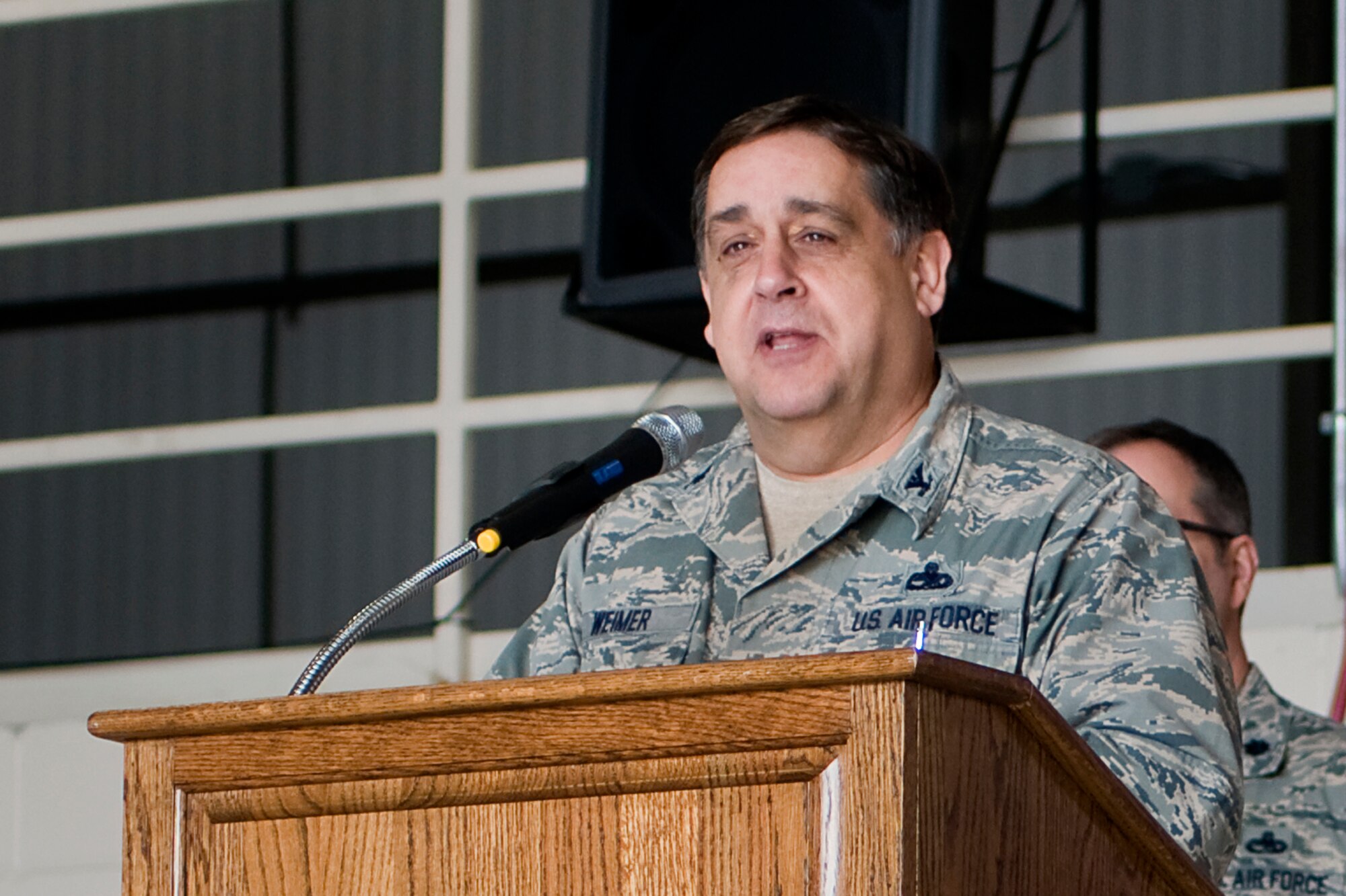 Col. Paul Weimer, former 434th Maintenance Group commander, gives his parting words to the Airmen he recently commanded at Grissom Air Reserve Base, Ind., April 12, 2014. Weimer now serves as the 919th Maintenance Group commander at Duke Field, Fla. (U.S. Air Force photo/Staff Sgt. Andrew McLaughlin) 
