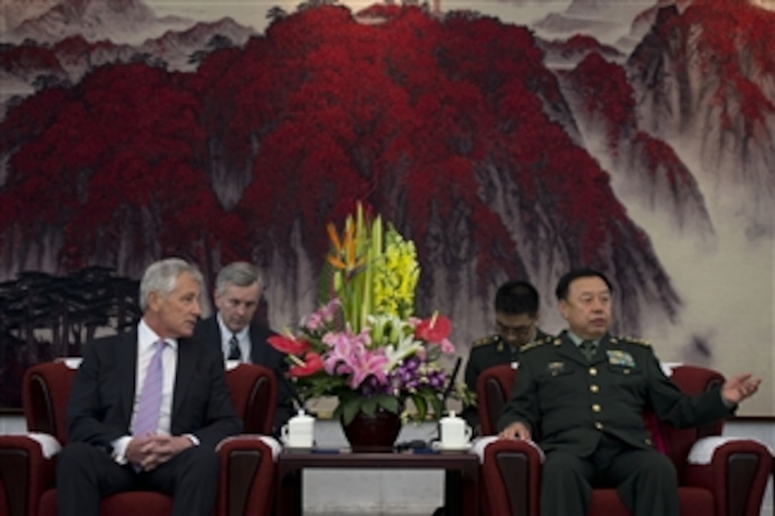 U.S. Defense Secretary Chuck Hagel meets with Chinese Gen. Fan Changlong, vice chairman of China's Central Military Commission, in Beijing, April 8, 2014. Earlier, Hagel and Fan met to discuss military-to-military relations and other issues of mutual importance.