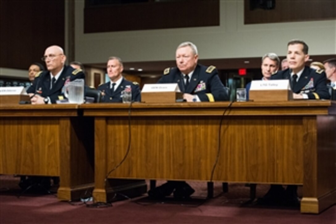 Army Chief of Staff Gen. Ray Odierno, left, Army Gen. Frank J. Grass, middle, chief of the National Guard Bureau, and Army Lt. Gen. Jeffrey W. Talley, commanding general of the Army Reserve Command, testify on the Army's force mix before the Senate Armed Services Committee in Washington, D.C., April 8, 2014. 