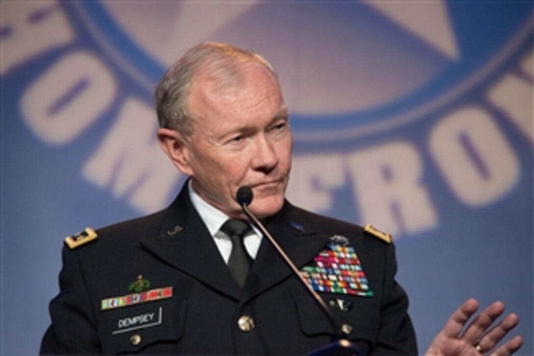 Army Gen. Martin E. Dempsey, chairman of the Joint Chiefs of Staff, speaks during Operation Homefront’s 6th Annual Military Child of the Year Awards Gala in Arlington, Va., April 10, 2014. The Military Child of the Year Award is presented to the military child from each service who demonstrates resiliency, leadership and achievement.
