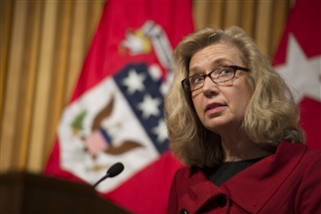 Acting Deputy Defense Secretary Christine H. Fox delivers remarks at the Army War College in Carlisle, Pa., April 7, 2014. Fox, who also spoke at the Naval War College in Newport, R.I.,  is addressing the defense budget and other pressing issues facing the department in speeches to students at military war colleges. 
