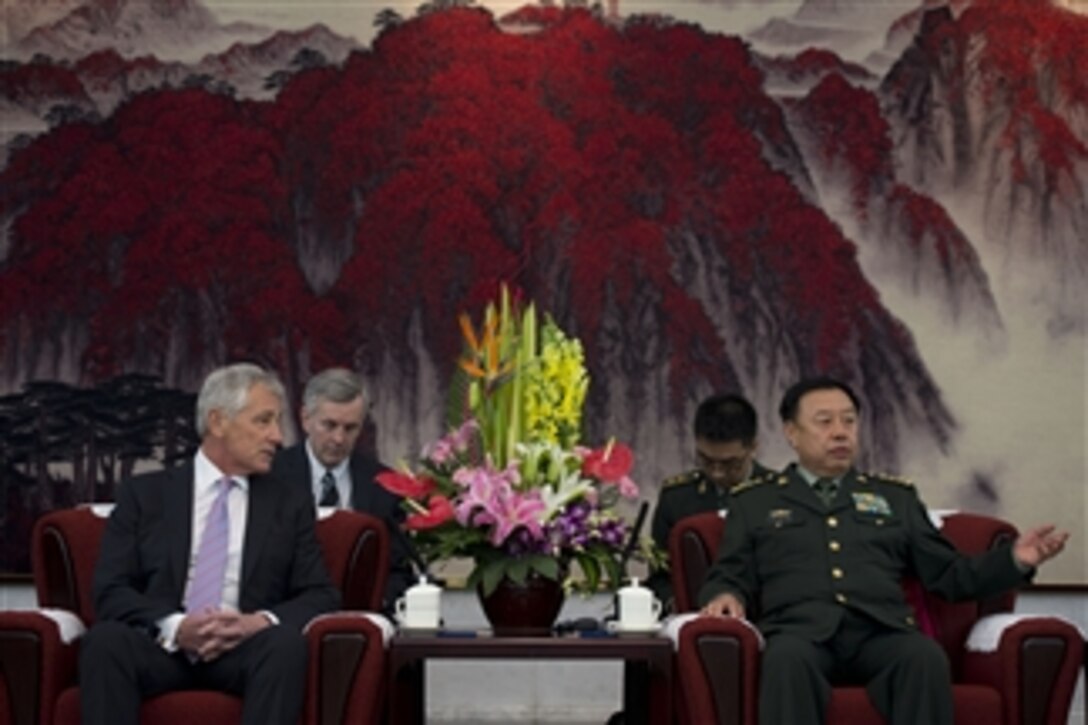 U.S. Defense Secretary Chuck Hagel meets with Chinese Gen. Fan Changlong, vice chairman of China's Central Military Commission, in Beijing, April 8, 2014. Earlier, Hagel and Fan met to discuss military-to-military relations and other issues of mutual importance.