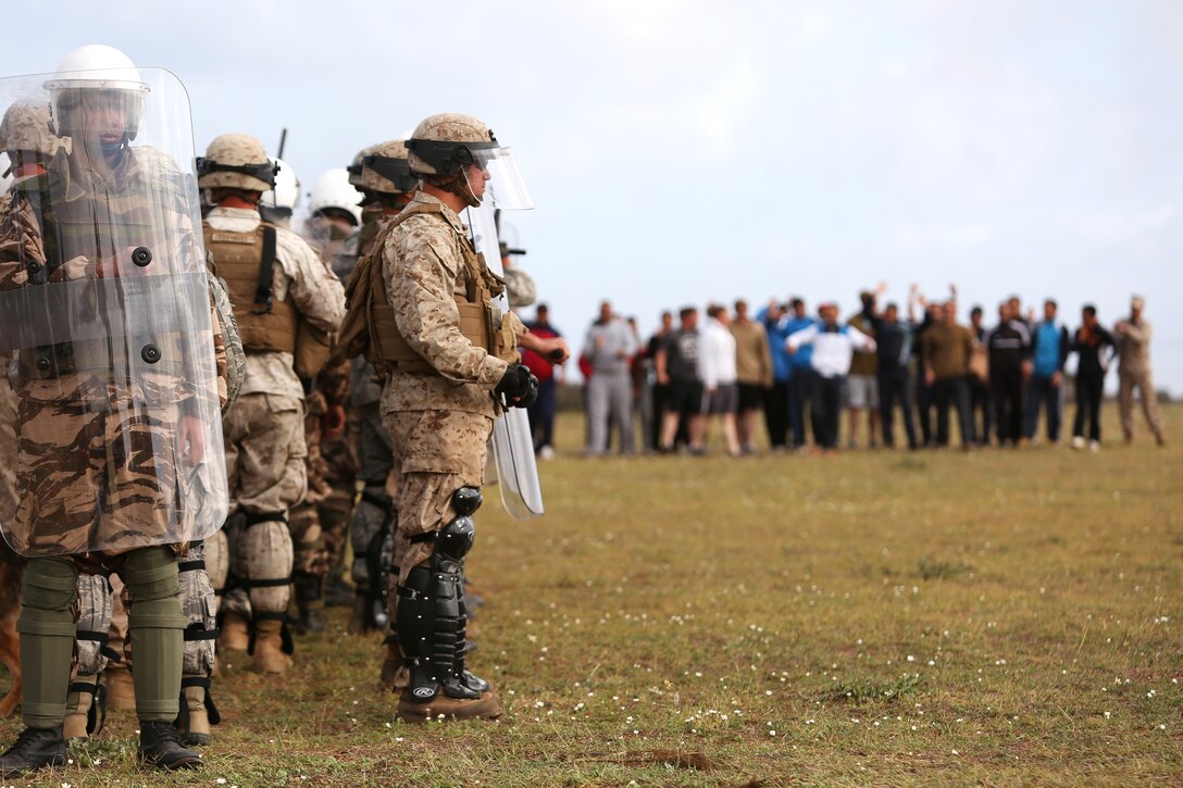 Moroccan soldiers and U.S. Marines with 2nd Law Enforcement Battalion, 2nd Marine Expeditionary Brigade, II Marine Expeditionary Force,  form a unified shield line in response to simulated protesters during a capabilities demonstration for distinguished visitors durin African Lion 2014 in the Tifnit training ara of Morocco Apr 4, 2014.Exercise African Lion 14 is a multi-lateral and combined-joint exercise between the Kingdom of Morocco, the U.S. and other partner nations designed to strengthen relationships with participating countries by increasing understanding of each nation's military capabilities.  The military-to-military portion of the exercise includes: command-post exercises with humanitarian aid and disaster relief themes; stability operations, such as nonlethal weapons training and respond-to-crisis drills; and an intelligence capability-building workshop.