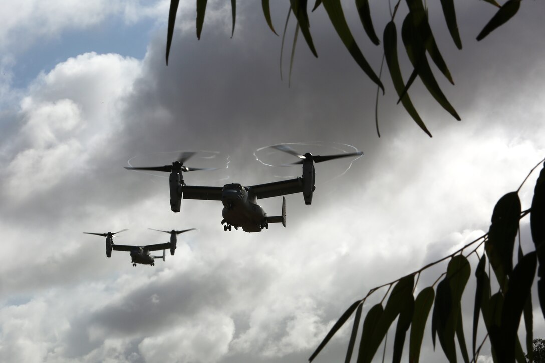 Two V-22 Ospreys approach the landing zone in Tifnit, Morocco during a capabilities demonstration for distinguished visitors and participating multinational observers Apr 4, 2014 during Exercise African Lion 14.

Exercise African Lion 14 is a multi-lateral and combined-joint exercise between the Kingdom of Morocco, the U.S. and other partner nations designed to strengthen relationships with participating countries by increasing understanding of each nation's military capabilities.  The military-to-military portion of the exercise includes: command-post exercises with humanitarian aid and disaster relief themes; stability operations, such as nonlethal weapons training and respond-to-crisis drills; and an intelligence capability-building workshop.