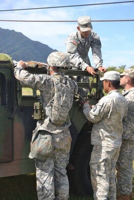 Four Expert Field Medical Badge course candidates tie a litter to the back of a HUMVEE during the EFMB course, which was held at Schofield Army Barracks, Hawaii, March 31 through April 11, 2014. The candidates had to demonstrate their ability to load a casualty onto a standard and non-standard platform. Additionally, to successfully complete the course, students had to demonstrate their proficiency at tactical combat casualty care, take a written test, execute U.S. Army Warrior communications and chemical, biological, radiological, nuclear and high-yield explosives tasks, perform day and night land navigation and complete a 12-mile road march. (U.S. Army photo courtesy of 25th Infantry Division)
 
