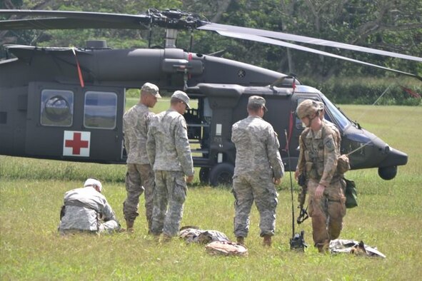 Expert Field Medical Badge course candidates set up a landing zone in preparation for a medical evacuation during the EFMB course at Schofield Army Barracks, Hawaii, March 31 through April 11, 2014. To successfully complete the course, the candidates had to demonstrate their ability to load a casualty onto a standard and non-standard platform. The HUMVEE is a non-standard platform, whereas the HH60 helicopter pictured above is a standard evacuation platform. (U.S. Army photo courtesy of 25th Infantry Division)