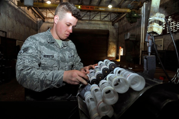 Senior Airman Jordan Webster, 51st Munitions Squadron flightline maintenance crew member, inspects munitions assets at Osan Air Base, Republic of Korea, April 11, 2014. Webster is this week's Airman Spotlight winner.  (U.S. Air Force photo/Senior Airman David Owsianka)