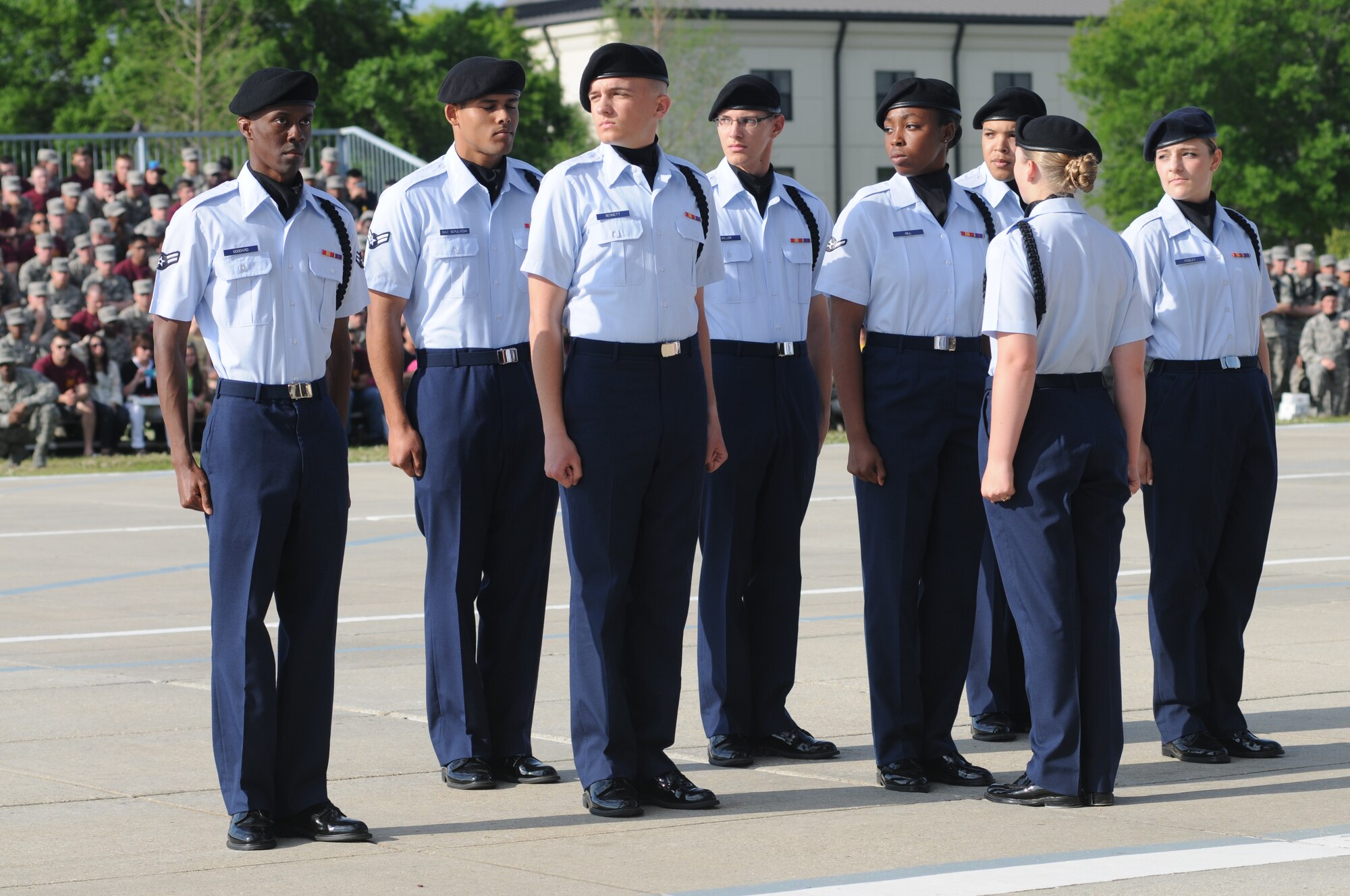 Members of the 336th Training Squadron regulation drill team perform during the 81st Training Group’s drill down competition April 11, 2014, behind the Levitow Training Support Facility, Keesler Air Force Base, Miss.  The 336th TRS placed 1st in freestyle, 2nd overall and in regulation and 3rd in open ranks.  (U.S. Air Force photo by Kemberly Groue)