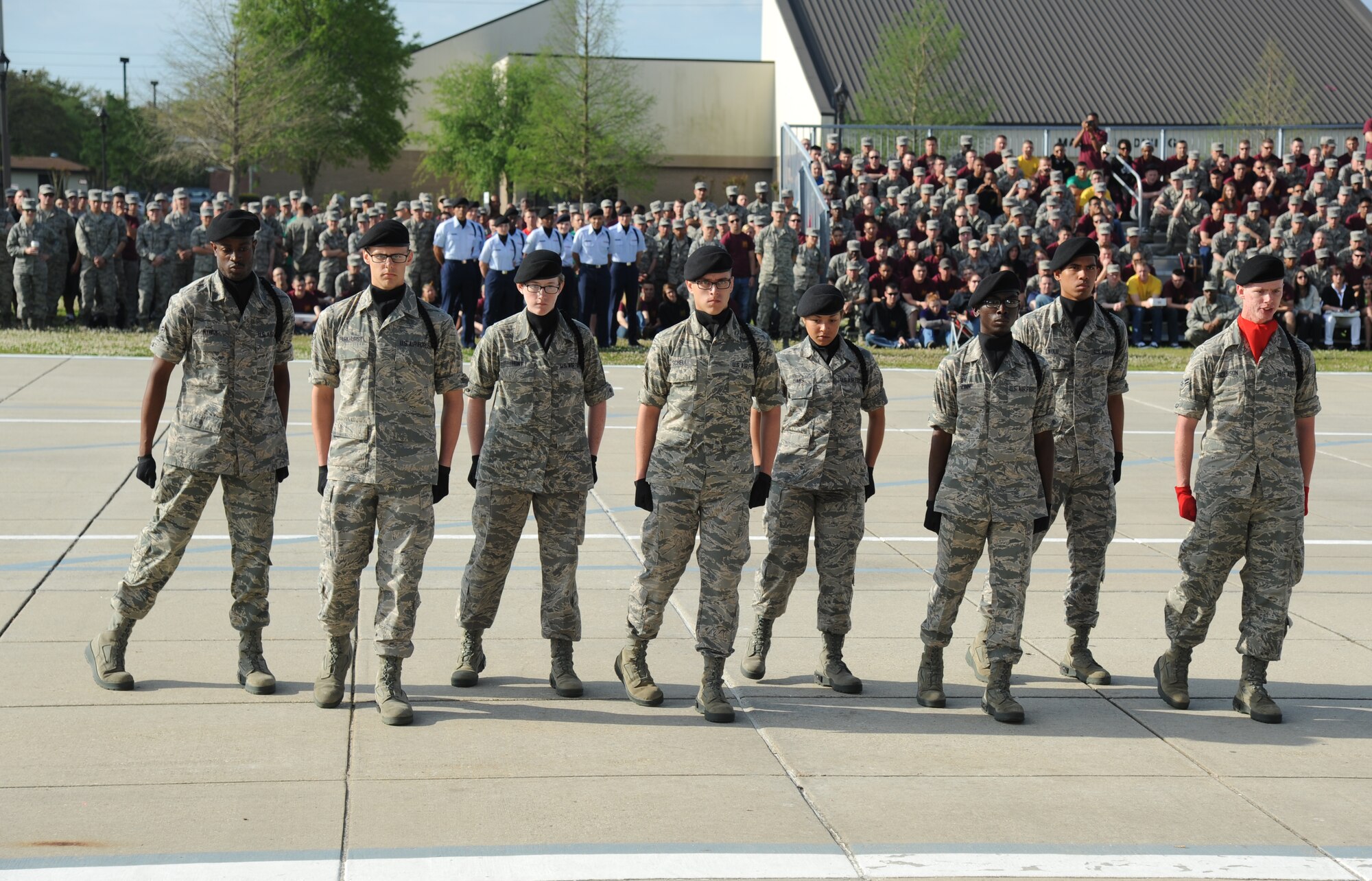 Members of the 336th Training Squadron freestyle drill team perform during the 81st Training Group’s drill down competition April 11, 2014, behind the Levitow Training Support Facility, Keesler Air Force Base, Miss.  The 336th TRS placed first in the freestyle competition.  (U.S. Air Force photo by Kemberly Groue)