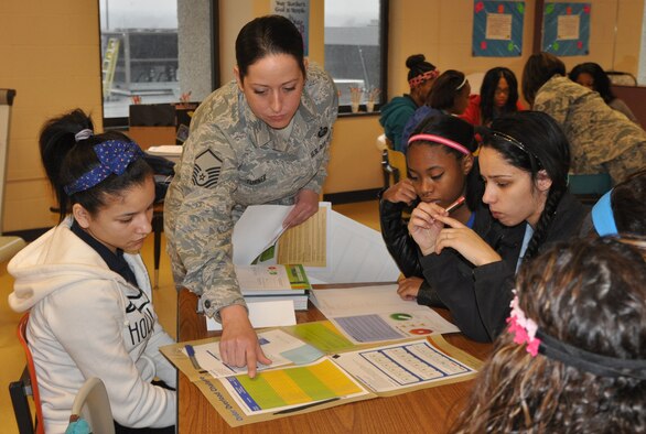 Air Force Reserve Master Sgt. Kelly Turner, career advisor with the 910th Airlift Wing, assists a student with a project at Choffin Career and Technical Center during Junior Achievement Mahoning Valley’s Career Success program April 11, 2014. U.S. Air Force photo by Maj. Brent J. Davis