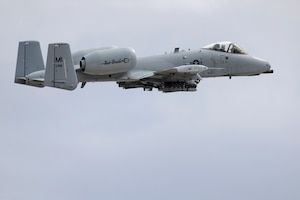 An A-10 Thunderbolt II flies a training mission at the Grayling Air Gunnery Range, Mich., April 11, 2014. The A-10 is flown by the 107th Fighter Squadron, based at Selfridge Air National Guard Base, Mich. The A-10, also known as the Warthog, is primarily used as a close air support platform by the Air Force, but is also used for combat search and rescue, forward air control, joint maritime operations, air interdiction and intelligence, surveillance and reconnaissance missions. (U.S. Air National Guard photo by MSgt. David Kujawa)