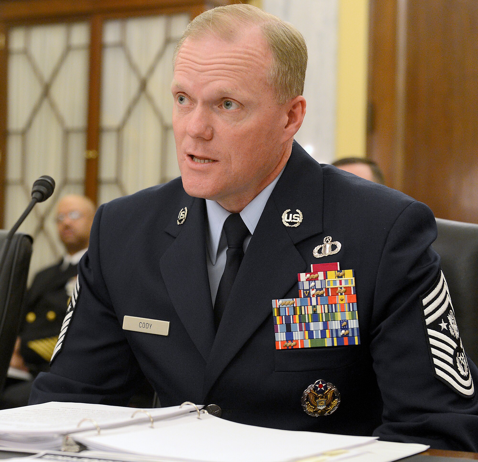 Chief Master Sgt. of the Air Force James A. Cody testifies on the active, guard, reserve and civilian programs in review of the Defense Authorization Request for fiscal year 2015, and the Future Years Defense Program before the Senate Appropriations Subcommittee on Personnel, April 9, 2014, in Washington, D.C. Cody was joined by Sgt. Major of the Army Raymond D. Chandler III, Master Chief Petty Officer of the Navy Michael D. Stevens and Sgt. Major of the Marine Corps Michael P. Barrett. (U.S. Air Force photo/Scott M. Ash) 