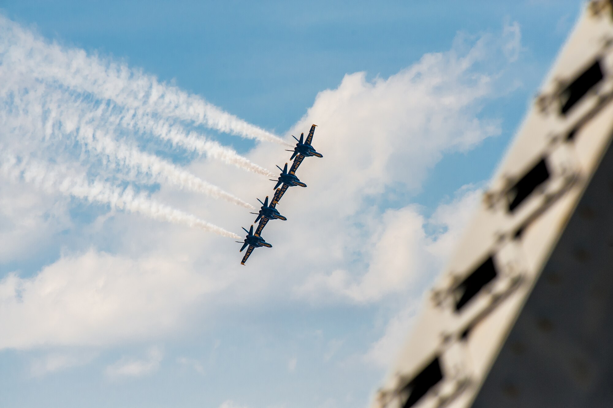 The U.S. Navy’s Blue Angels demonstration squadron performs aerobatic maneuvers over the Ohio River and 2nd Street Bridge in Louisville, Ky., April 12, 2014. More than 650,000 spectators turned out for the event, which was part of the annual Thunder Over Louisville air show. (U.S. Air National Guard photo by Maj. Dale Greer)