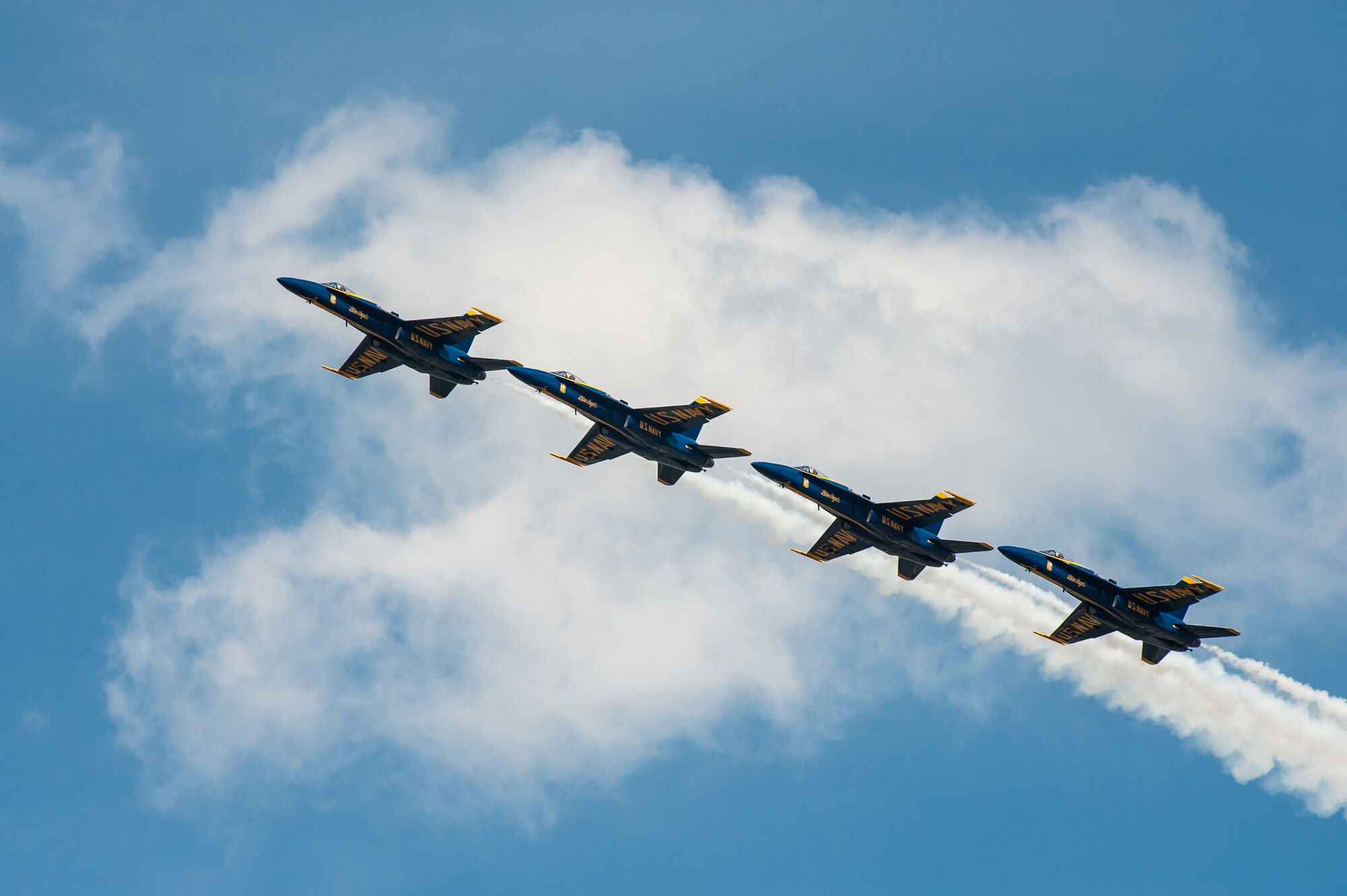 The U.S. Navy’s Blue Angels demonstration squadron performs aerobatic maneuvers over the Ohio River and 2nd Street Bridge in Louisville, Ky., April 12, 2014. More than 650,000 spectators turned out for the event, which was part of the annual Thunder Over Louisville air show. (U.S. Air National Guard photo by Maj. Dale Greer)
