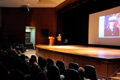Mary Lauterbach speaks about her daughter's sexual assault during her speech to members of Joint Base Charleston during a Sexual Assault Awareness Month event April 11, 2014, at the Air Base Theater on JB Charleston, S.C. Lauterbach’s daughter, U.S. Marine Lance Cpl. Maria Lauterbach, was sexually assaulted and murdered while on active duty in 2007.  (U.S. Air Force photo/Staff Sgt. Renae Pittman)