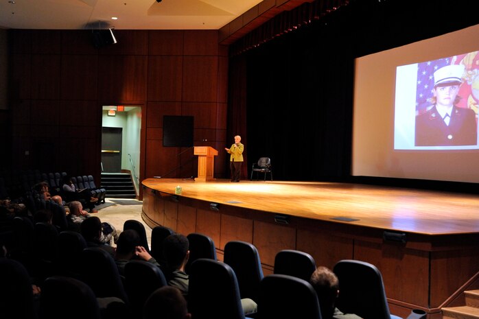 Mary Lauterbach speaks about her daughter's sexual assault during her speech to members of Joint Base Charleston during a Sexual Assault Awareness Month event April 11, 2014, at the Air Base Theater on JB Charleston, S.C. Lauterbach’s daughter, U.S. Marine Lance Cpl. Maria Lauterbach, was sexually assaulted and murdered while on active duty in 2007.  (U.S. Air Force photo/Staff Sgt. Renae Pittman)