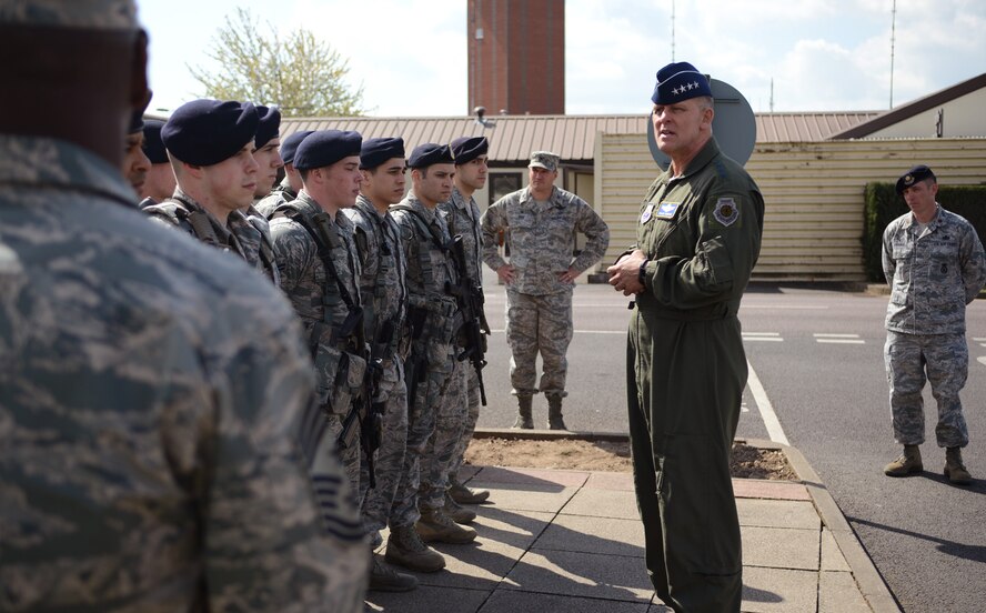 U.S. Air Force Gen. Frank Gorenc, U.S. Air Forces in Europe and Air Forces Africa commander, speaks to 100th Security Forces Squadron personnel April 14, 2014, during a visit to RAF Mildenhall, England. Gorenc expressed his respect and admiration of the job the 100th SFS does and spoke about his mission priorities. (U.S. Air Force photo by Airman 1st Class Dillon Johnston/Released)