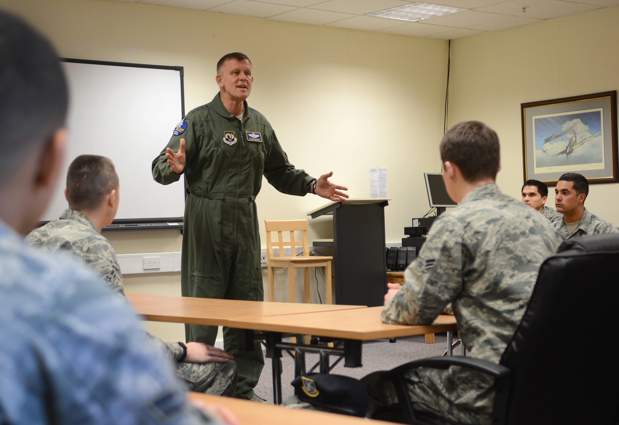 U.S. Air Force Gen. Frank Gorenc, U.S. Air Forces in Europe and Air Forces Africa commander, speaks to Team Mildenhall First Term Airmen Center attendees April 14, 2014, during a visit to RAF Mildenhall, England. Gorenc spoke about how to succeed in today’s Air Force and how to become an effective leader. During his time on base, the general visited with several Team Mildenhall members and toured various base facilities. (U.S. Air Force photo by Airman 1st Class Dillon Johnston/Released)