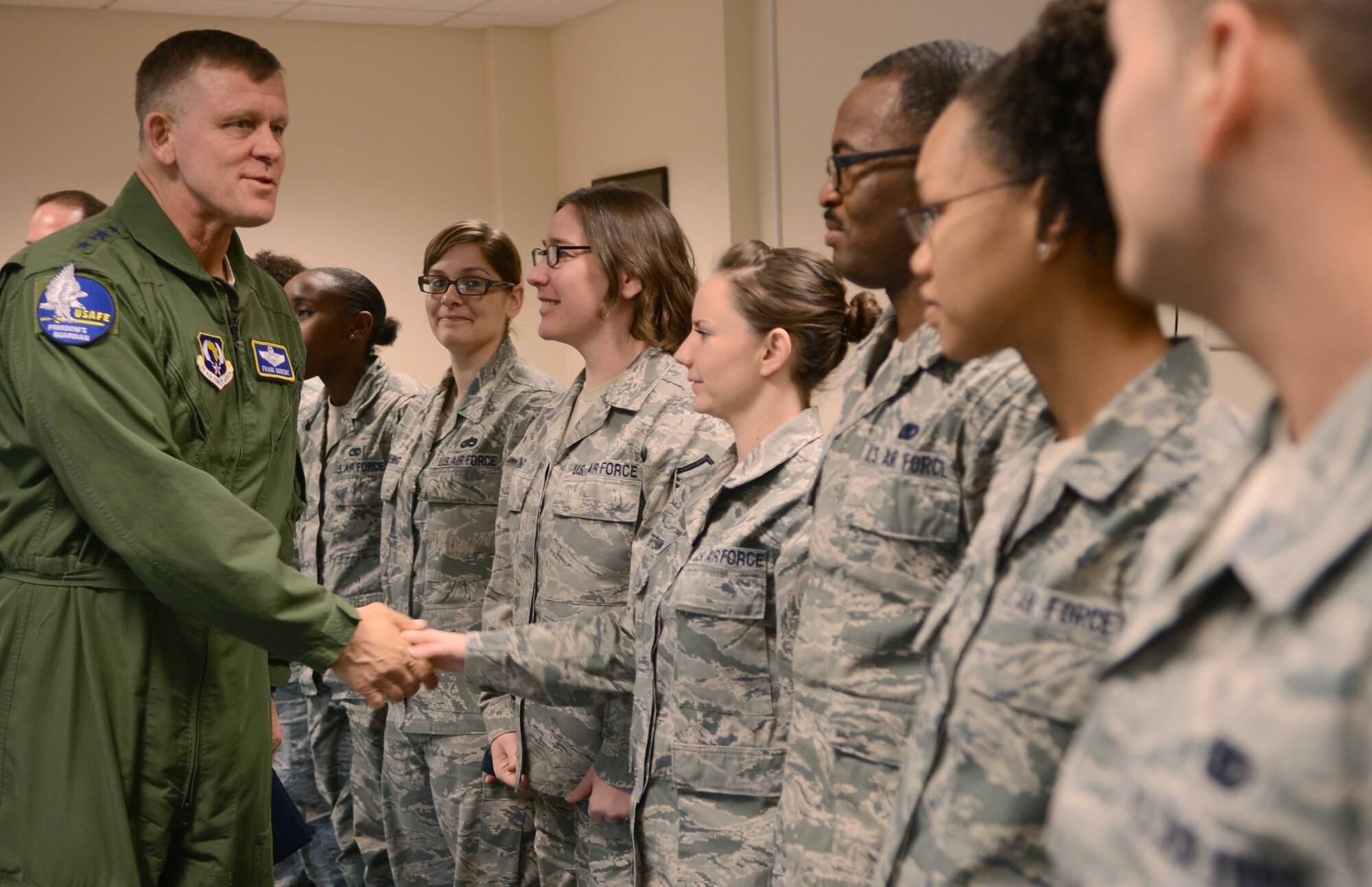 U.S. Air Force Gen. Frank Gorenc, U.S. Air Forces in Europe and Air Forces Africa commander, meets Team Mildenhall victim advocates April 14, 2014, during a visit to RAF Mildenhall, England. Gorenc spoke to the victim advocates about his vision of a zero-sexual-assault Air Force and shared his wisdom on how to become a better advocate and Airman. During his time in the U.K., Gorenc visited both RAF Mildenhall and RAF Alconbury. (U.S. Air Force photo by Airman 1st Class Dillon Johnston/Released)