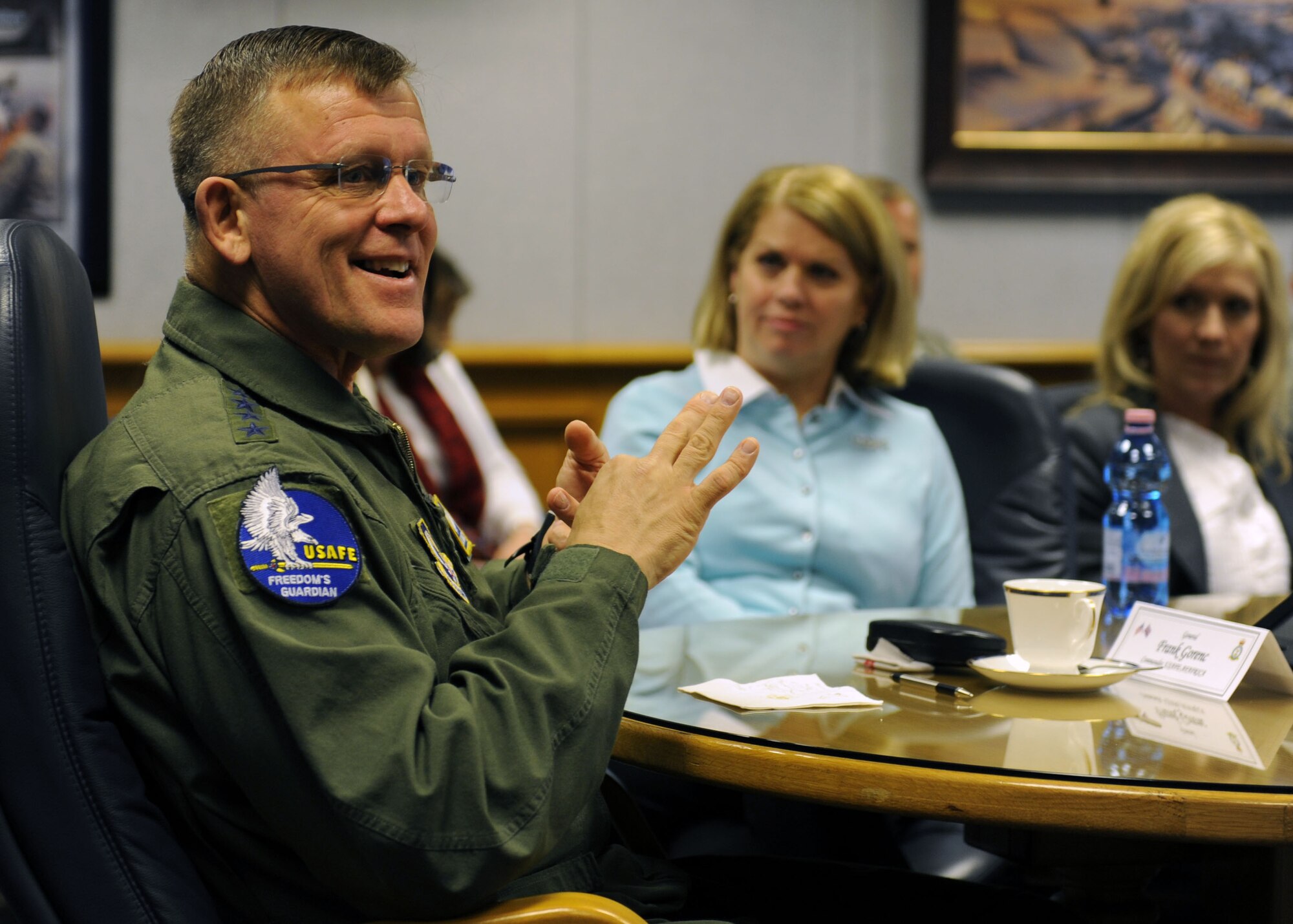 U.S. Air Force Gen. Frank Gorenc, U.S. Air Forces in Europe and Air Forces Africa commander, speaks during a mission briefing April 14, 2014, in the 100th Air Refueling Wing headquarters building on RAF Mildenhall, England. Gorenc received the mission brief prior to a tour of the base. During his visit, Gorenc held an open meeting to convey his top priorities to Team Mildenhall Airmen. (U.S. Air Force photo by Airman 1st Class Preston Webb/Released)