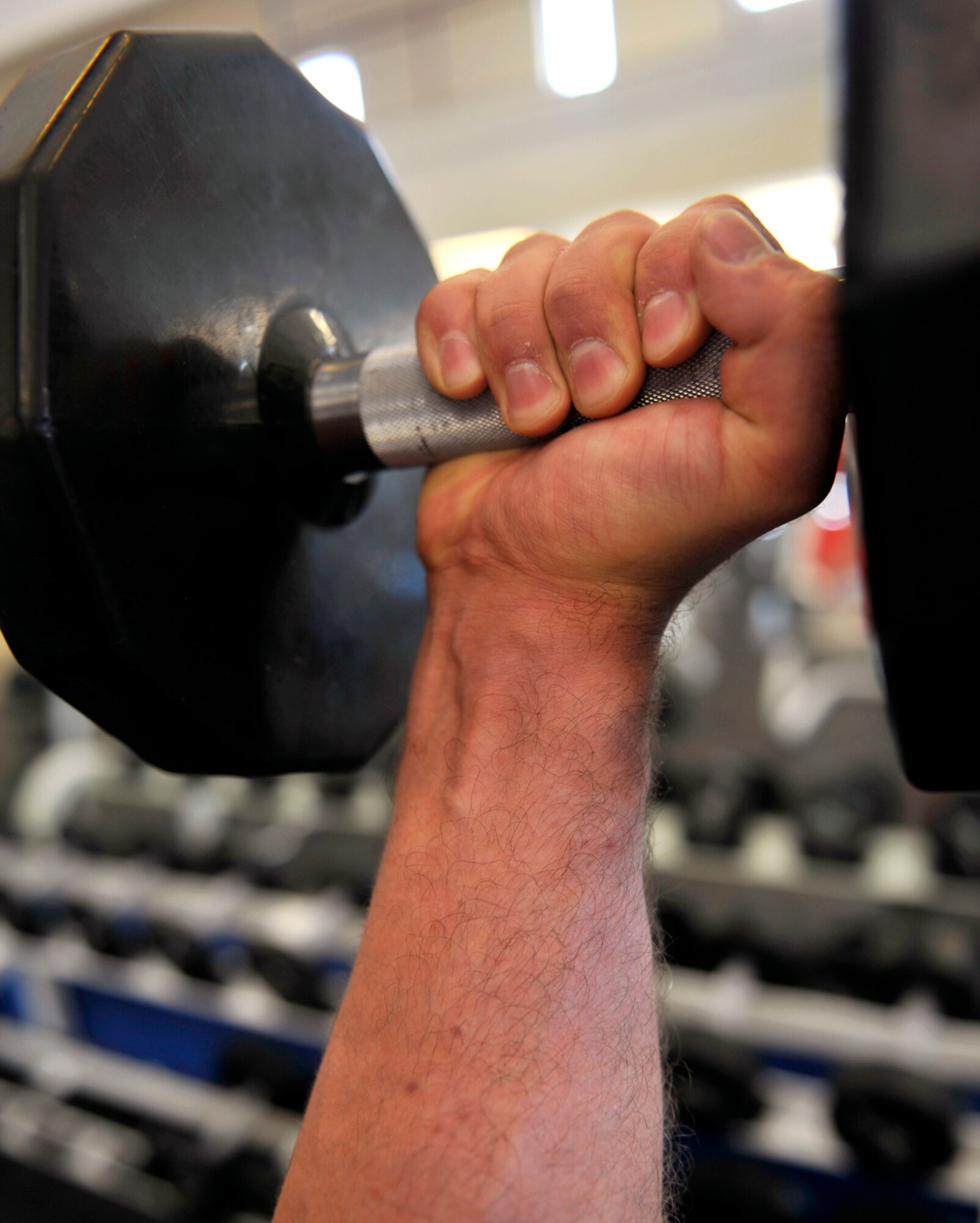 An individual lifts weights at the JBER-E Fitness Center on Joint Base Elmendorf-Richardson, Alaska, April 9, 2014. The fitness centers on JBER offer Department of Defense identification card holders opportunities to become fit with lap swimming, personal trainers and workout equipment. For more information about available services, contact the JBER-E Fitness Center at 552-5353 or the Buckner Physical Fitness Center at 384-1308. (U.S. Air Force photo/Airman 1st Class Tammie Ramsouer)