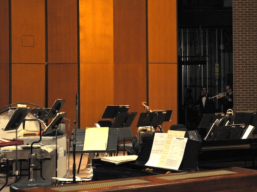 Tech. Sgt. Micah Killion warms up backstage before The U.S. Air Force Band performed at Michigan State University in East Lansing, Mich., April 13, 2014. Killion, a native of Gainesville, Fla., is a trumpeter with the Concert Band. Before joining the Air Force in 2013, he was a freelance musician in New York, where he performed with a variety of orchestras, chamber ensembles and commercial groups. (U.S. Air Force photo/Master Sgt. Tammie Moore)