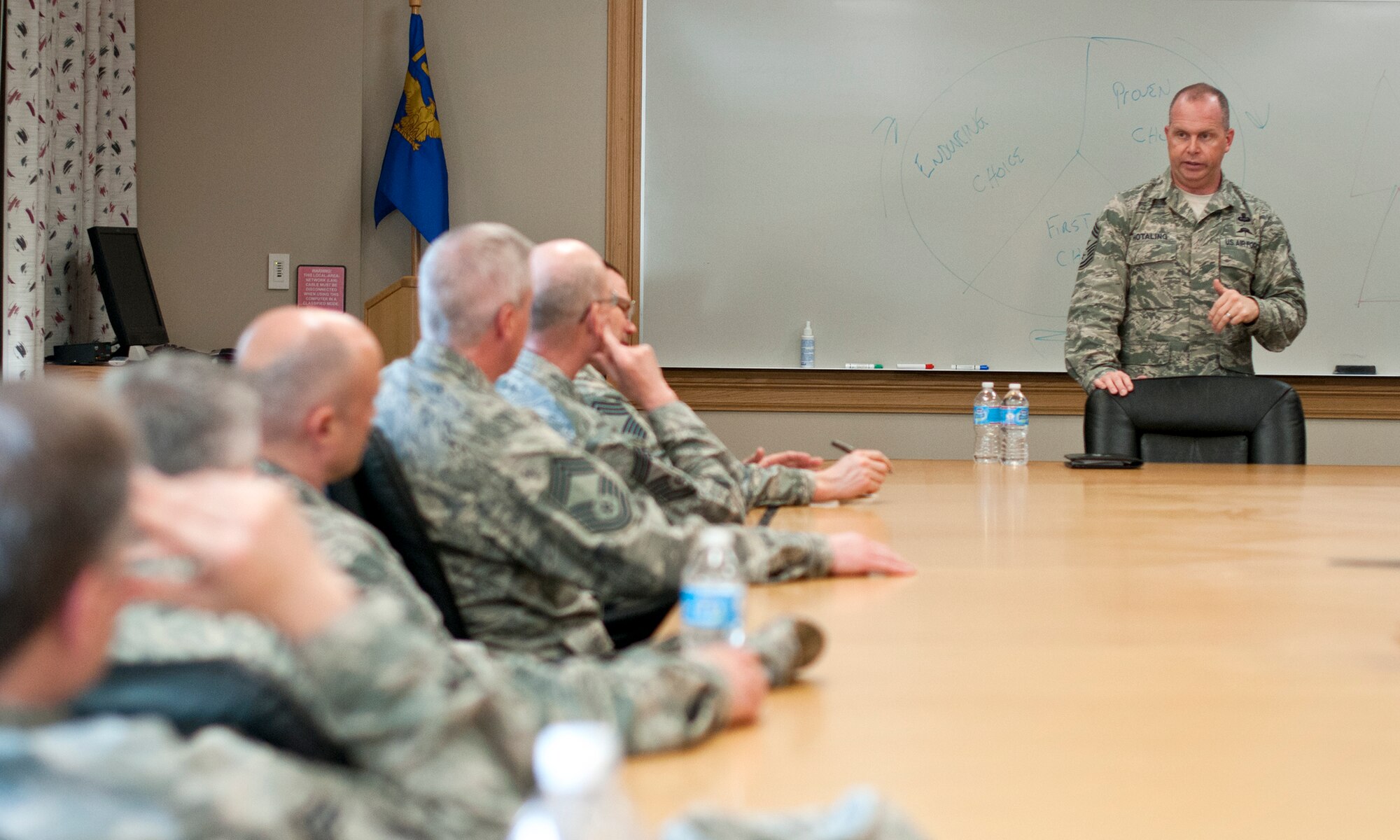 Chief Master Sgt. James Hotaling, Command Chief of the Air National Guard, meets with Senior Staff and Chiefs from the 133rd Airlift Wing in St. Paul Minn., Apr. 12, 2014. Chief Hotaling visited the wing to discuss the health of the Air Force, our commitment to the Profession of Arms and answered questions from Airmen. (U.S. Air National Guard photo by Staff Sgt. Austen Adriaens/Released)