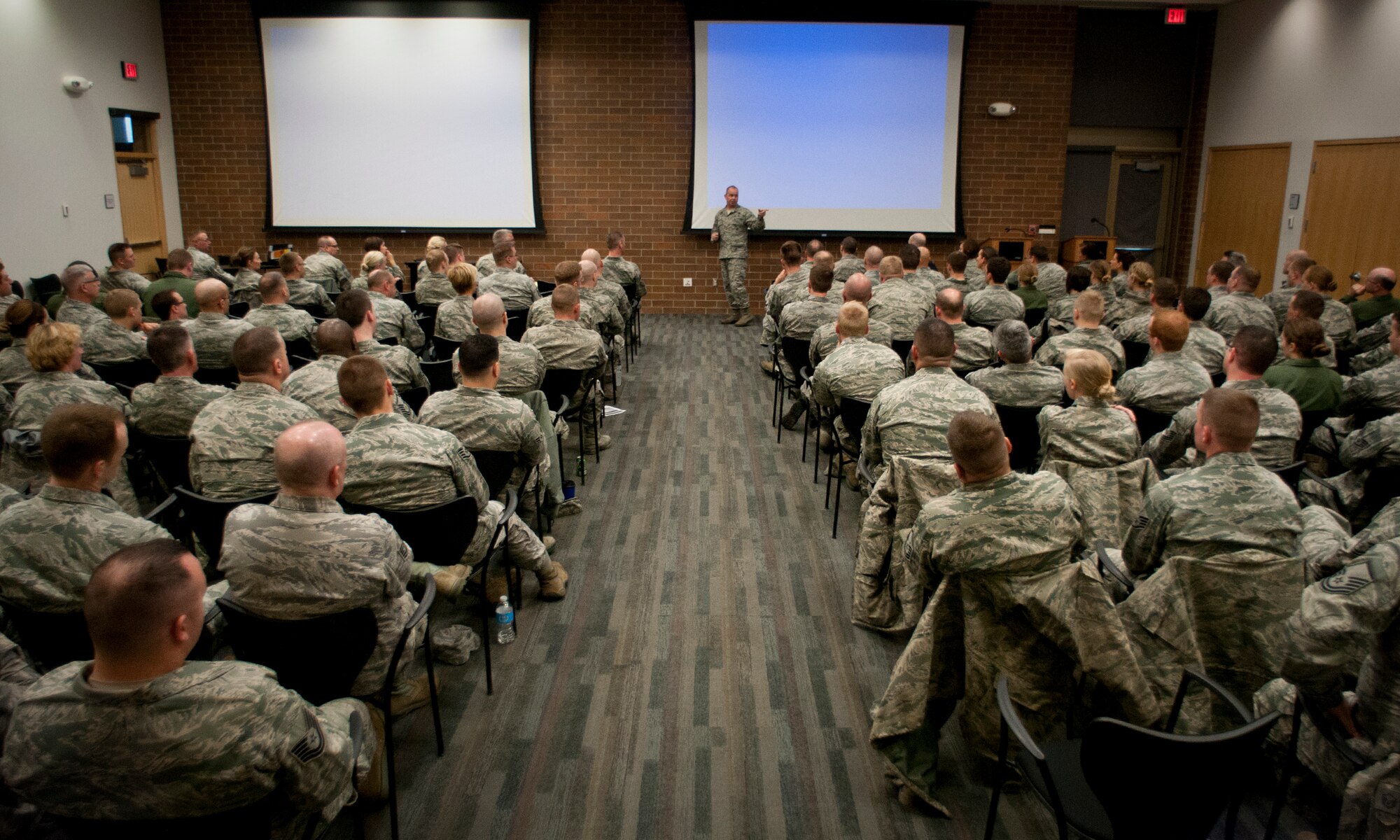 Chief Master Sgt. James Hotaling, Command Chief of the Air National Guard, speaks to Airmen at the 133rd Airlift Wing during a Town Hall meeting in St. Paul Minn., Apr. 12, 2014. Chief Hotaling visited the wing to discuss the health of the Air Force, our commitment to the Profession of Arms and answered questions from Airmen. (U.S. Air National Guard photo by Staff Sgt. Austen Adriaens/Released)