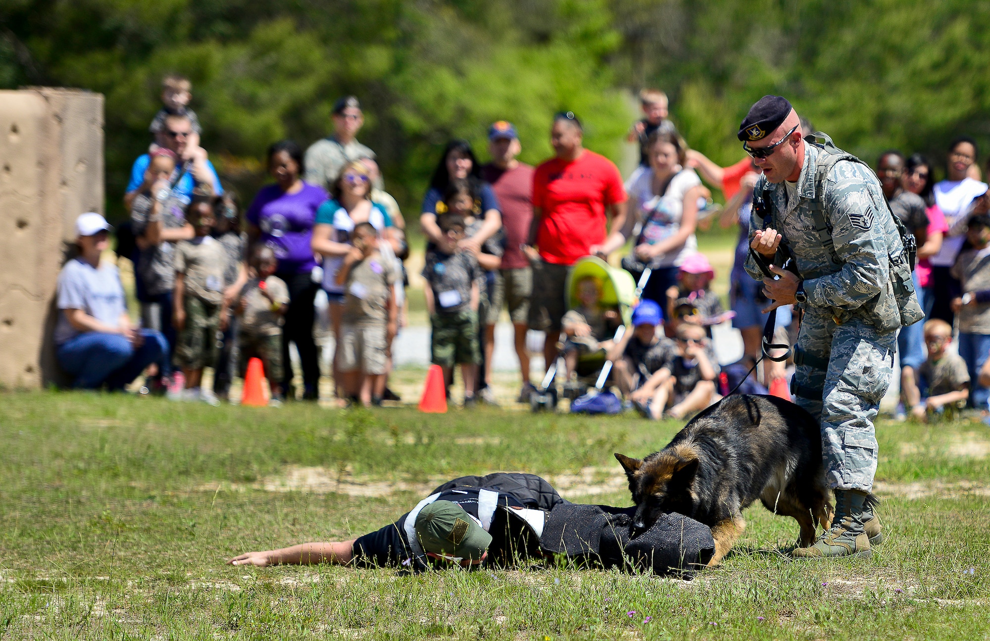 Airmen from the 96th Security Forces Squadron perform a military working dog demonstration during Operation Hero April 12 at Eglin Air Force Base, Fla.  Nearly 400 adults and children participated in the program this year, which served as a way to help children understand the military and the deployment process their parents have or could face.  The kids went through a deployment line to get their uniforms, dog tags and shots before they were briefed by their commander and shipped off to a deployed location.  There, they encountered military demonstrations, equipment and obstacle courses.  (U.S. Air Force photo/Samuel King Jr.)