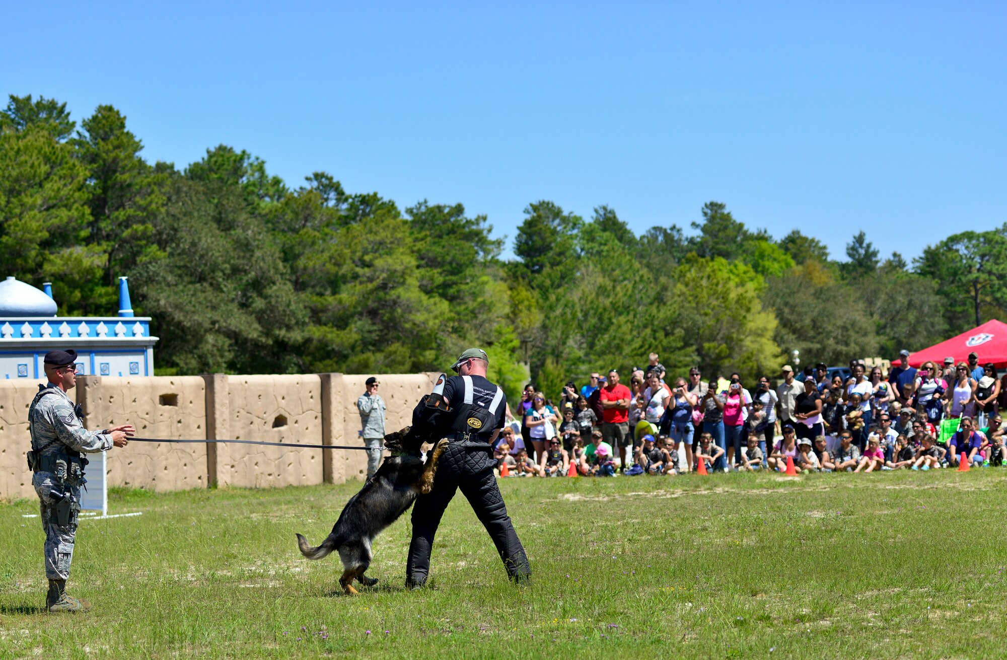 Airmen from the 96th Security Forces Squadron perform a military working dog demonstration during Operation Hero April 12 at Eglin Air Force Base, Fla.  Nearly 400 adults and children participated in the program this year, which served as a way to help children understand the military and the deployment process their parents have or could face.  The kids went through a deployment line to get their uniforms, dog tags and shots before they were briefed by their commander and shipped off to a deployed location.  There, they encountered military demonstrations, equipment and obstacle courses.  (U.S. Air Force photo/Samuel King Jr.)