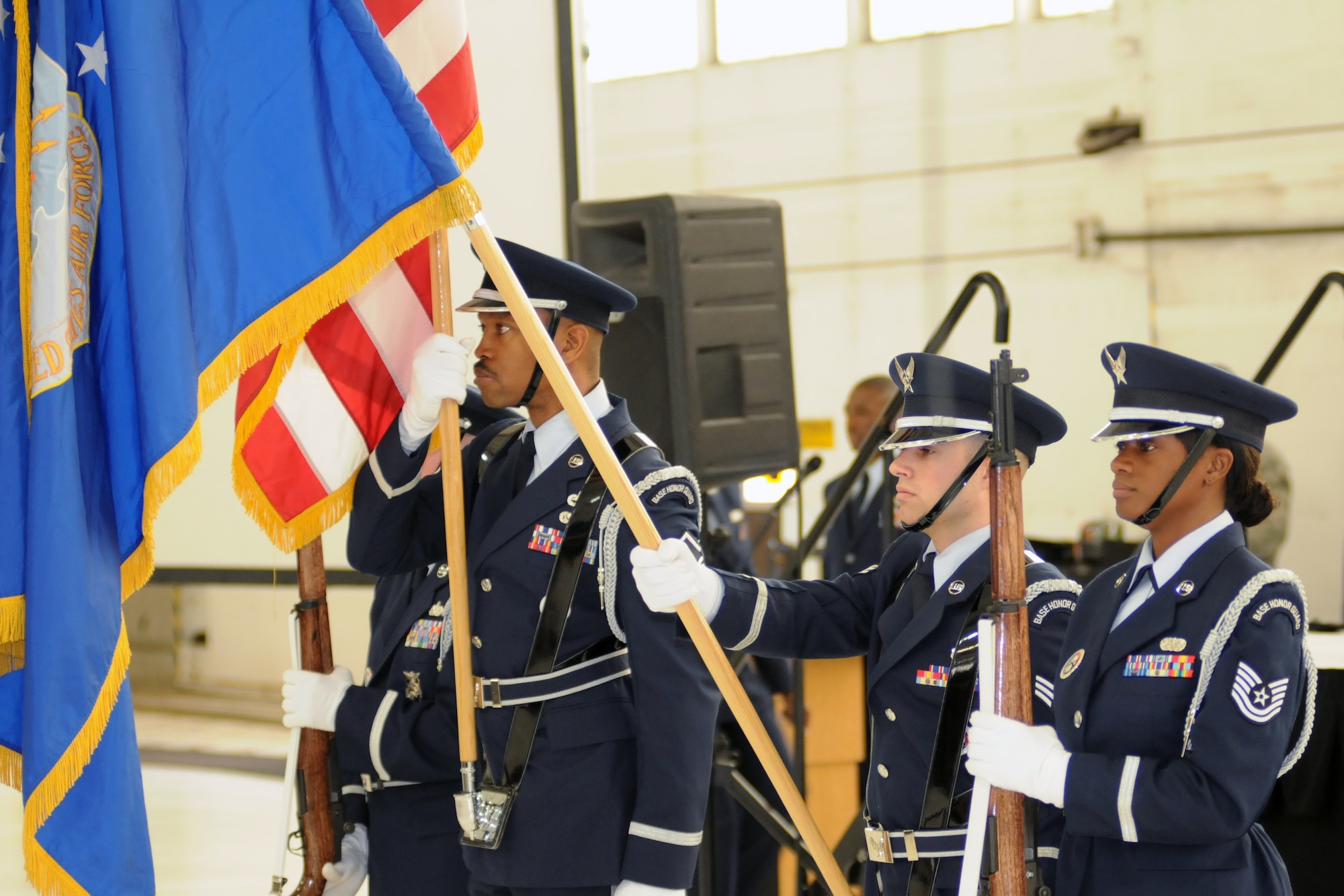 140405-F-NR466-005
Members of the 910th Airlift Wing honor guard present the colors during the singing of The Star-Spangled Banner at the retirement ceremony for Chief Master Sgt. Troy Rhoades, 910th Airlift Wing Command Chief Master Sgt., here, April 5, 2014. Rhoades retired after 31 years of service in the Air Force Reserve. U.S. Air Force photo/Tech. Sgt. Jim Brock.