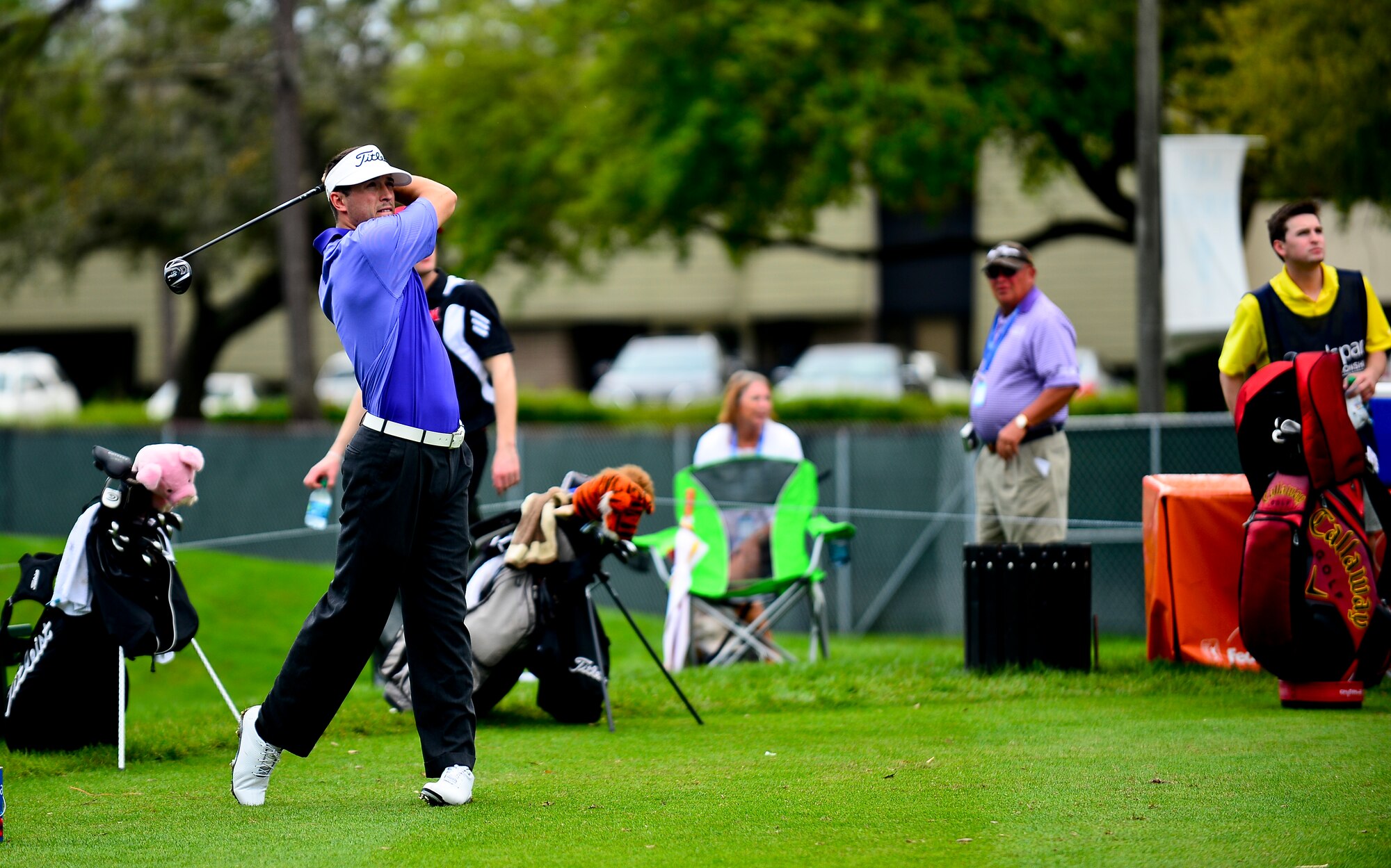 Airman 1st Class Dalton Dishman, 6th Operations Support Squadron, tees off during the Valspar Championship Pro-Am at Innisbrook Resort, Palm Harbor, Fla., March 12, 2014. After winning the MacDill Air Force Base golf championship Dishman was informed that he would be playing in the Valspar Championship Pro-Am. (U.S. Air Force photo by Senior Airman Melanie Bulow-Gonterman/Released) 