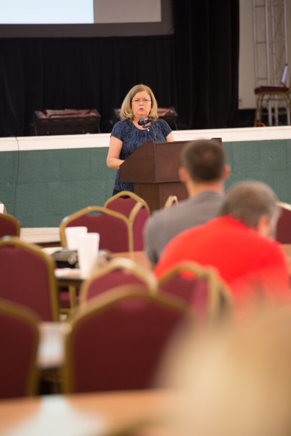 Karen Kelly discusses various methods for identifying and managing stress with spouses during a seminar April 8, 2014, on Parris Island, S.C. Kelly, the wife of Gen. John F. Kelly who leads U.S. Southern Command, and whose son was killed in action in November 2010, discussed various methods for coping with stress, as well as provided information on other resources provided by the military. (Photo by Cpl. MaryAnn Hill)