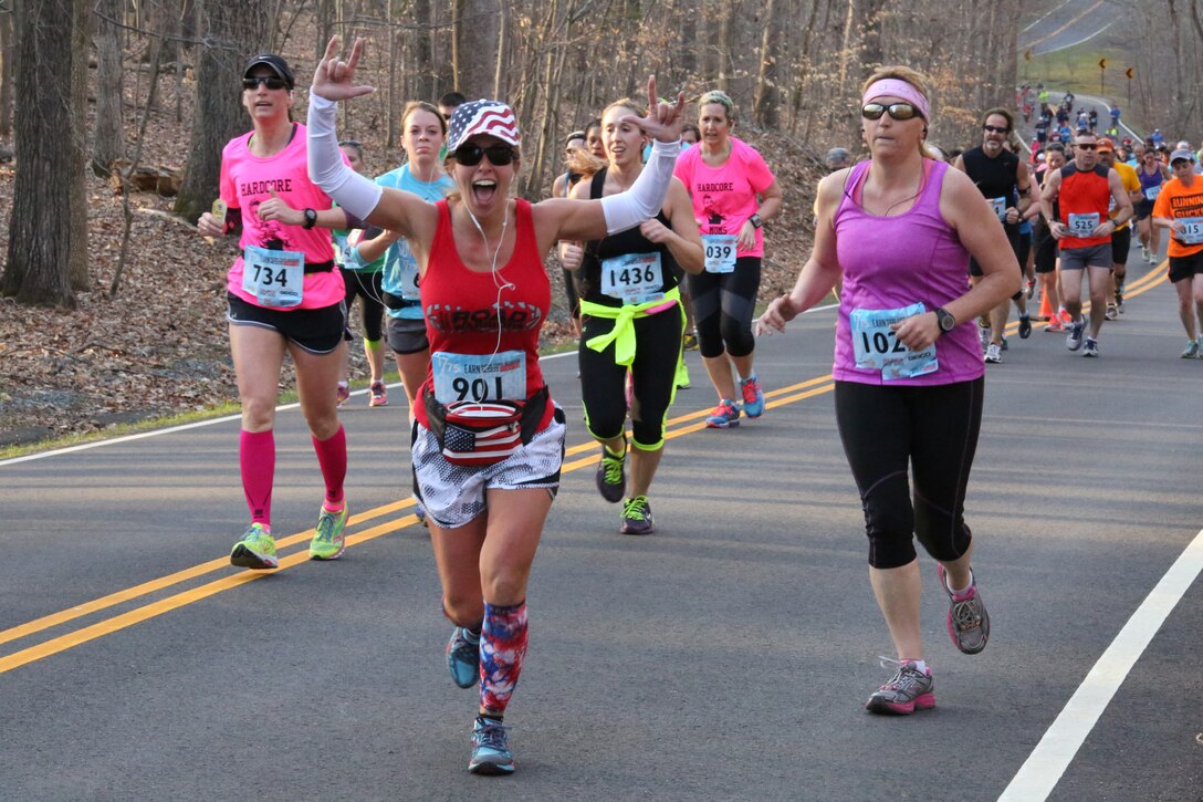 Runners participate in the first Marine Corps Marathon event of the year, the Marine 17.75K, in Prince William Forest Park on April 12, 2014. The first runner finished the 11.03-mile race in just under one hour.