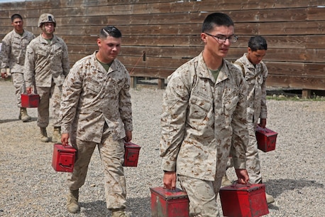 Marines with Headquarters and Support Company, Combat Logistics Battalion 5, Combat Logistics Regiment 1, 1st Marine Logistics Group, conduct a combat conditioning hike to the Leadership Reaction Course aboard Camp Pendleton, Calif., April 4, 2014. After completing the hike and an obstacle course, the Marines divided into teams and split between 12 stations. The course is designed to build leadership traits and further develop the bonds between Marines.