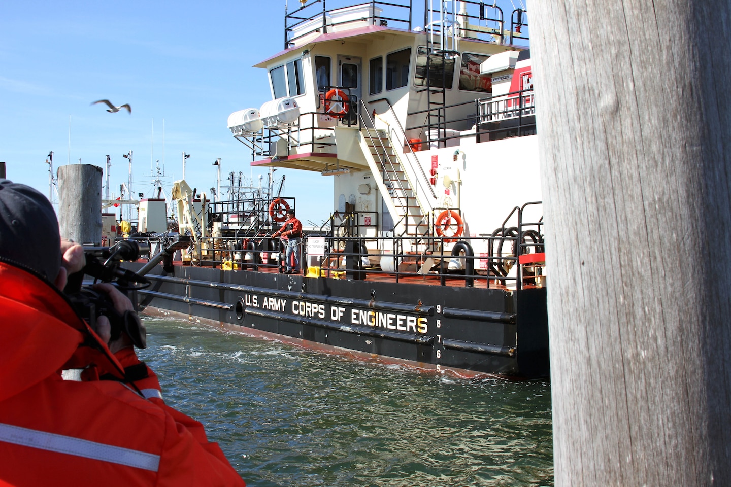 The Shallow Draft Dredge MURDEN clears shoaling from Barnegat Inlet, N.J. in April of 2014. The vessel was designed by the U.S. Army Corps of Engineers' Marine Design Center in Philadelphia and is based out of Wilmington, N.C. Barnegat Inlet requires dredging to provide reliable maritime navigation for the U.S. Coast Guard and a large fishing fleet consisting of full-time commercial, charter and recreational vessels.