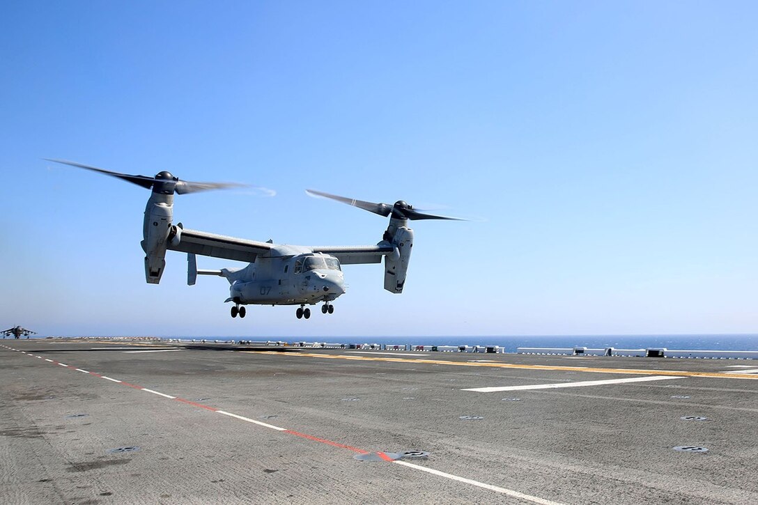 An MV-22B Osprey with Marine Medium Tiltrotor Squadron 163 (Reinforced), 11th Marine Expeditionary Unit, takes off from the flight deck of the USS Makin Island during Amphibious Squadron Marine Expeditionary Unit Integration Training (PMINT) off the coast of San Diego, April 14. The 11th MEU and its counterpart, Amphibious Squadron 5, execute various sea-based missions as part of PMINT. (U.S. Marine Corps photo by Sgt. Melissa Wenger/Released)